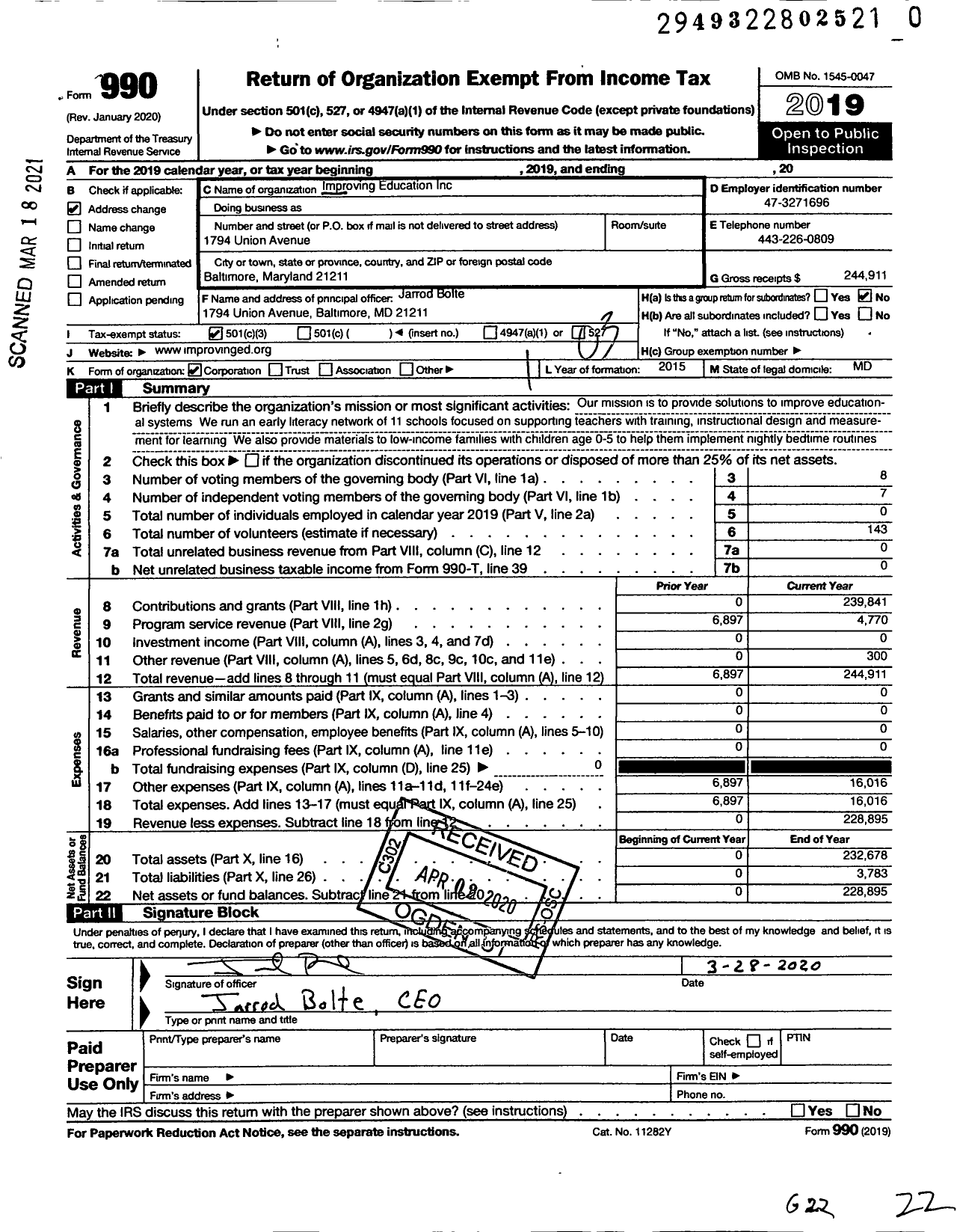 Image of first page of 2019 Form 990 for Improving Education