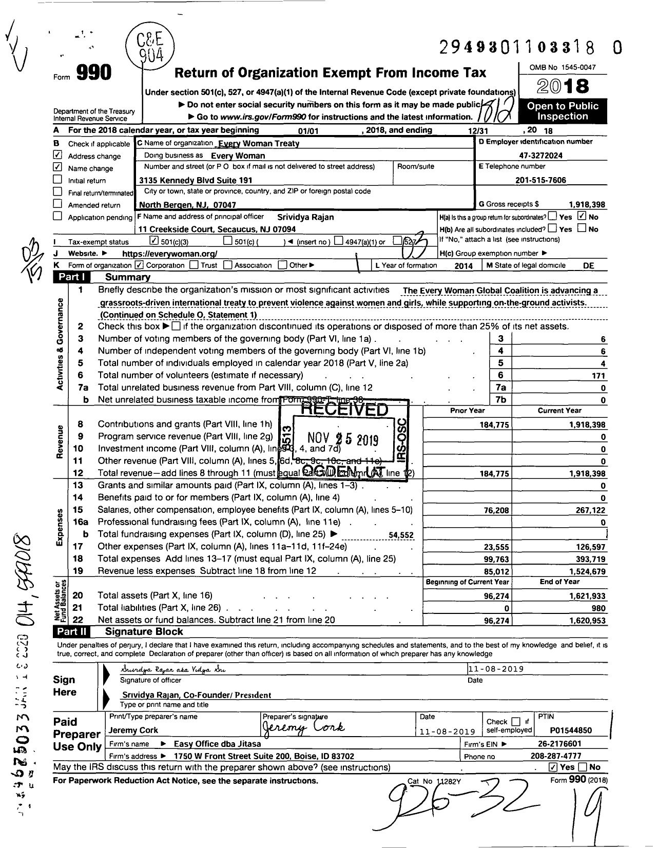 Image of first page of 2018 Form 990 for Every Woman Treaty