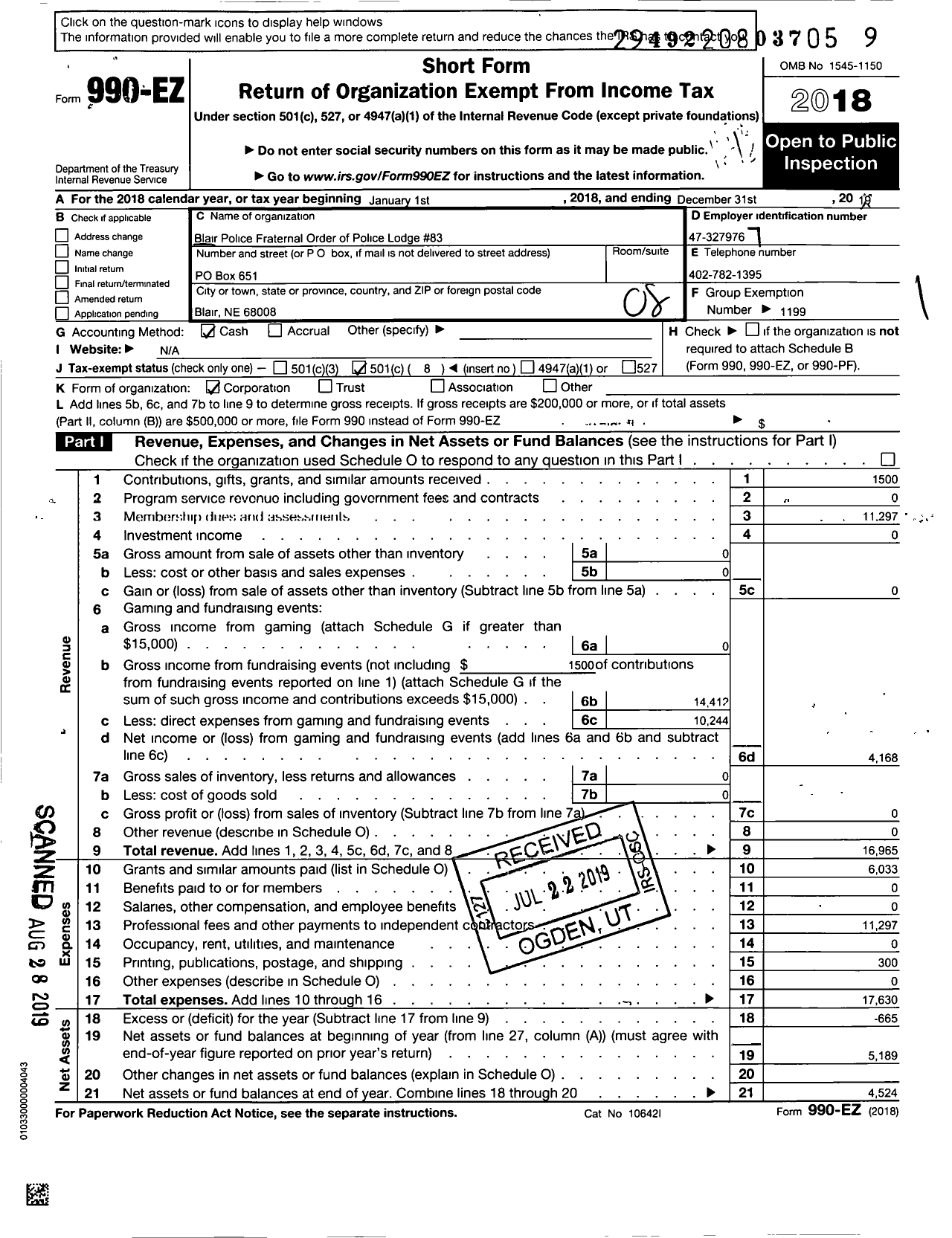 Image of first page of 2018 Form 990EO for Fraternal Order of Police - 83 Blair PD Fop Lodge