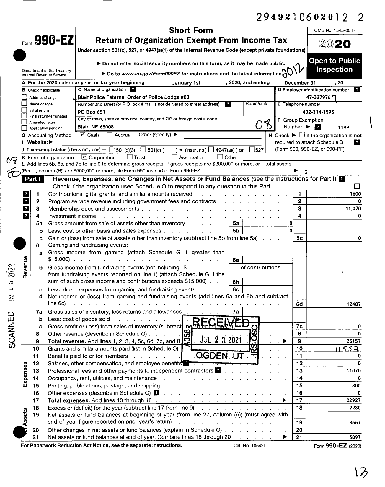 Image of first page of 2020 Form 990EO for Fraternal Order of Police - 83 Blair PD Fop Lodge