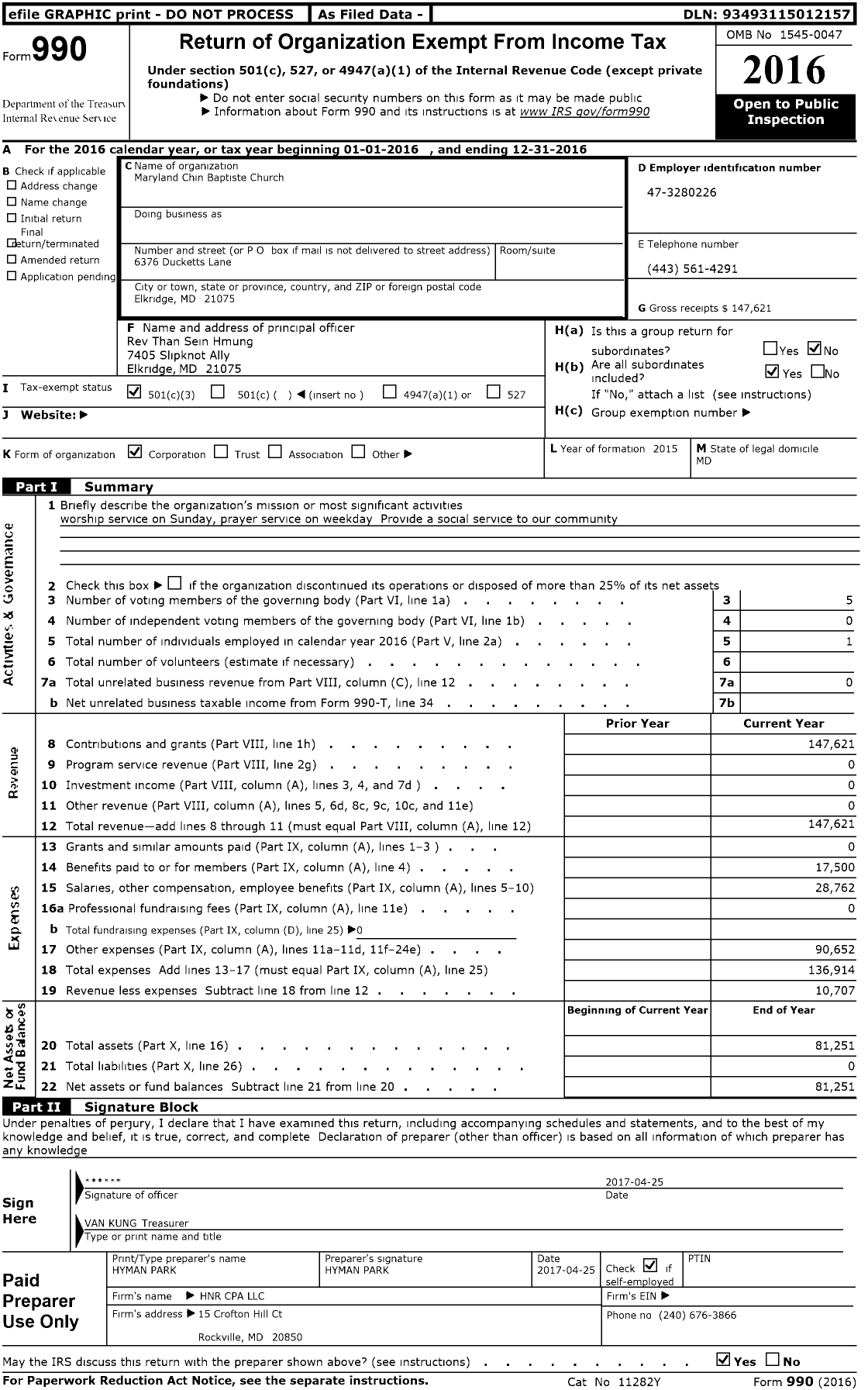 Image of first page of 2016 Form 990 for Maryland Chin Baptiste Church