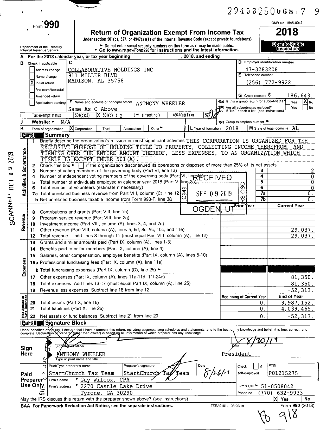 Image of first page of 2018 Form 990O for Collaborative Holdings