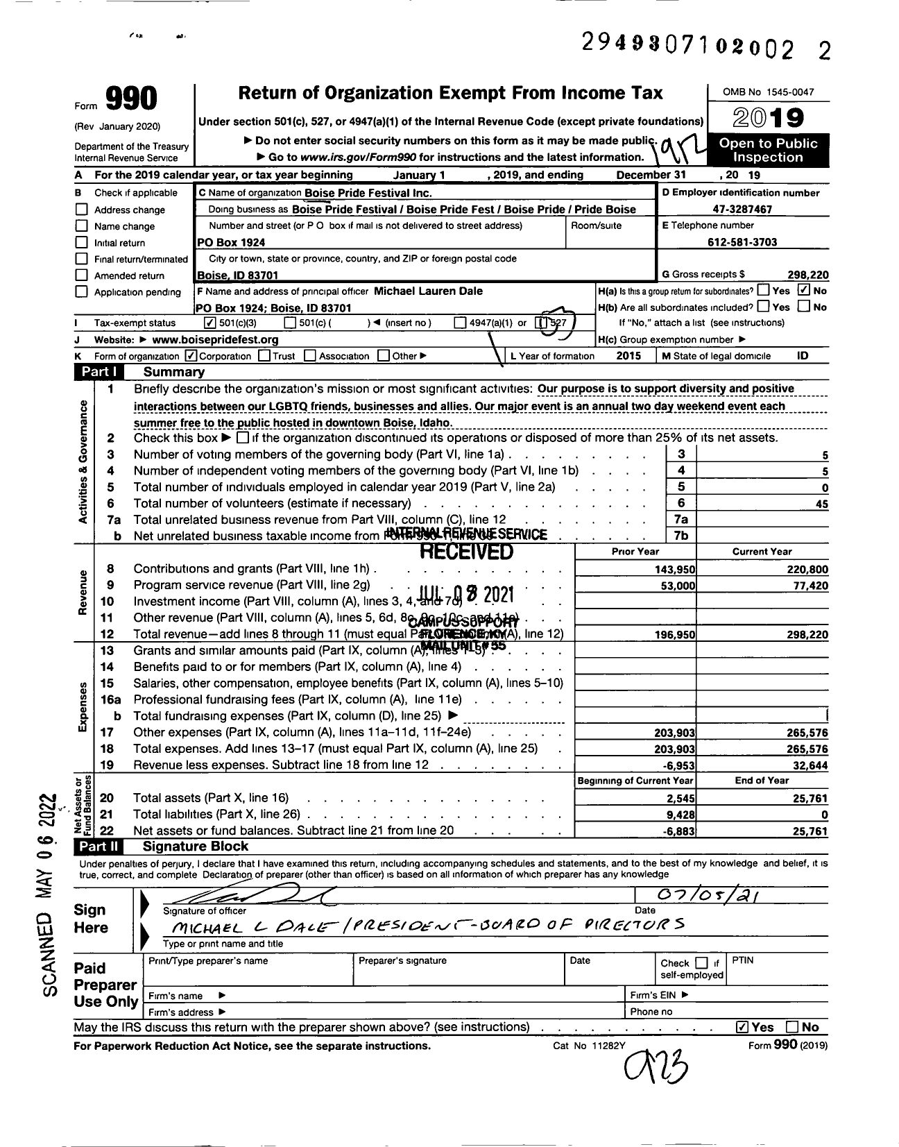 Image of first page of 2019 Form 990 for Boise Pride Festival