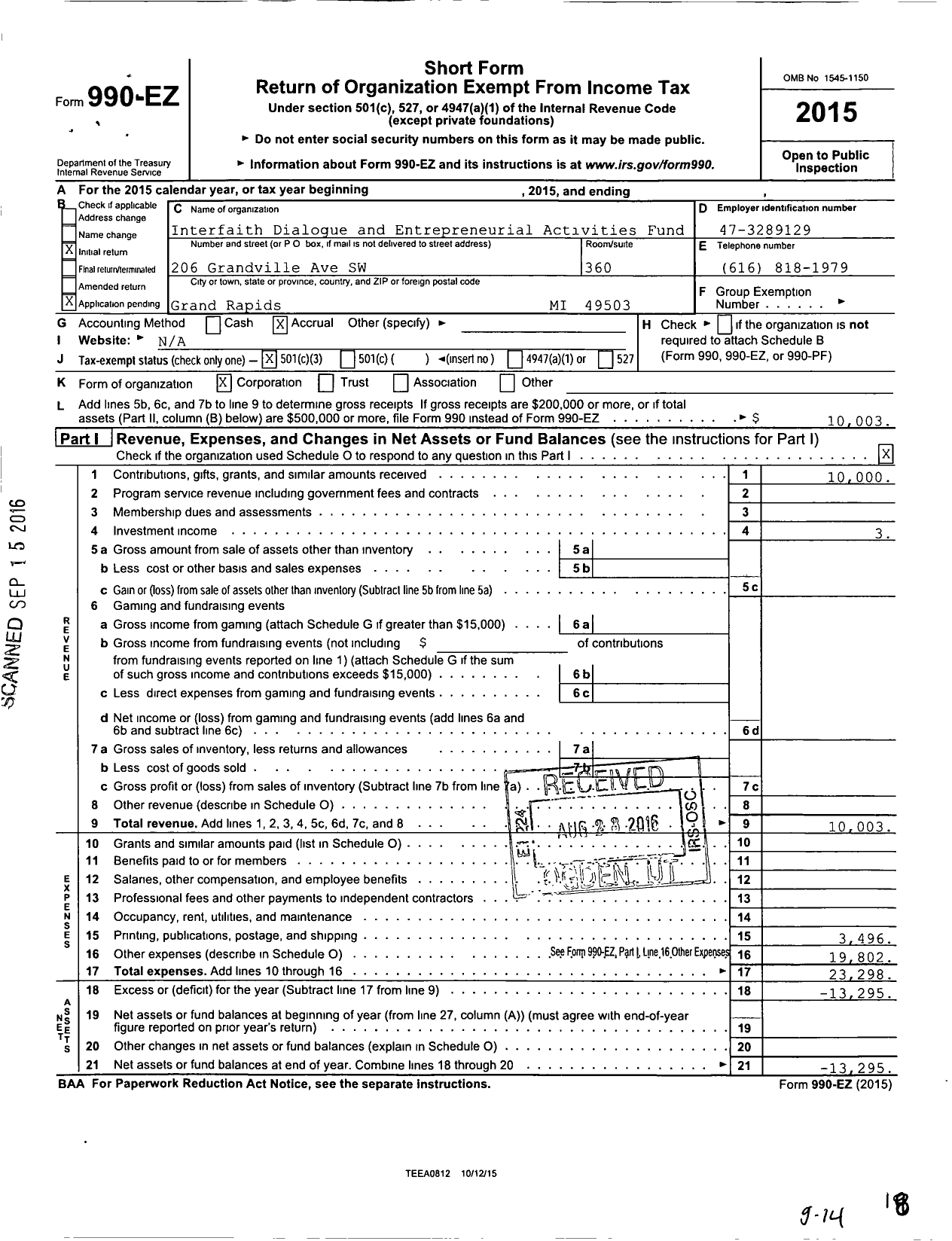 Image of first page of 2015 Form 990EZ for Interfaith Dialogue and Entrepreneurial Activities Fund