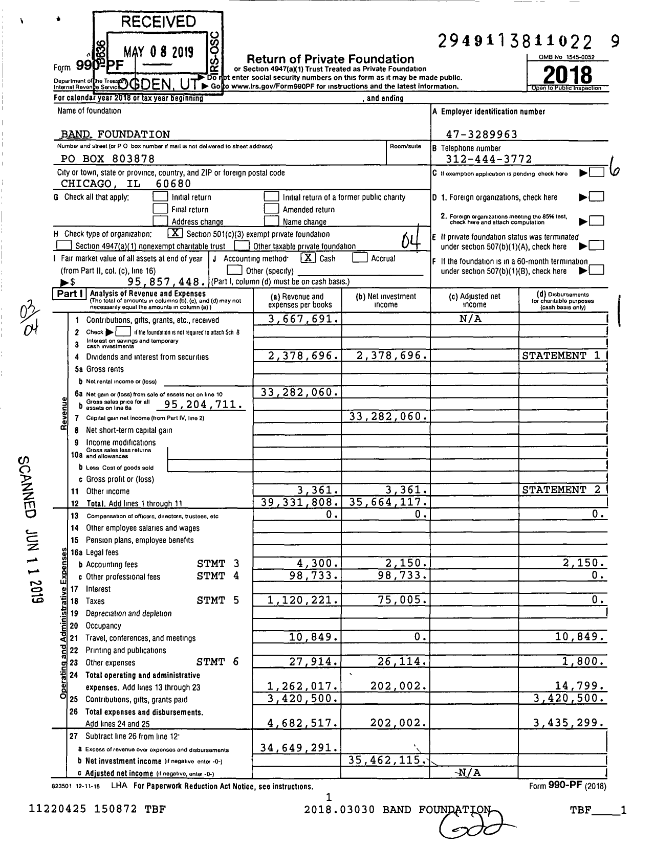 Image of first page of 2018 Form 990PF for BAND Foundation