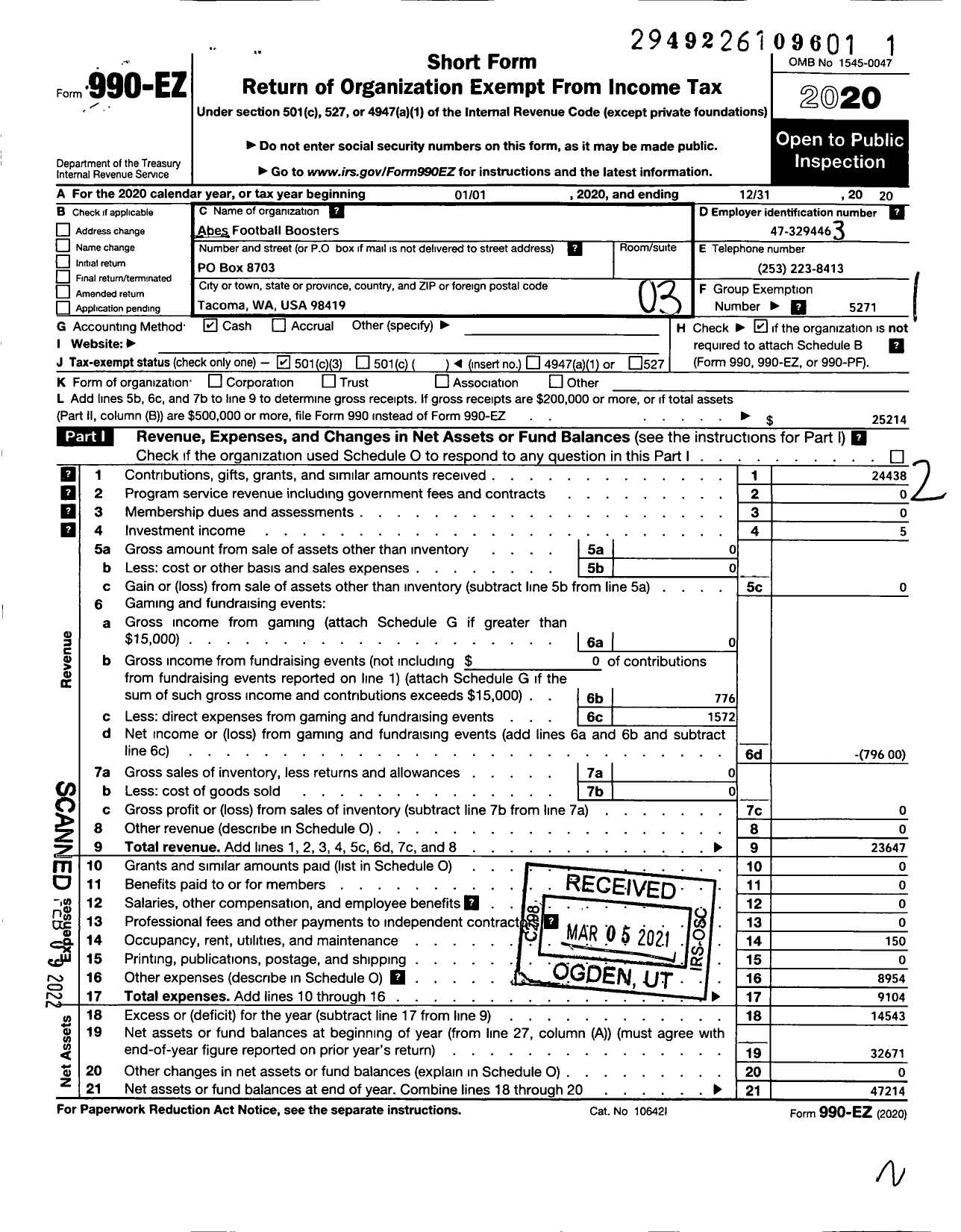 Image of first page of 2020 Form 990EZ for Parent Booster USA / Abes Football Boosters