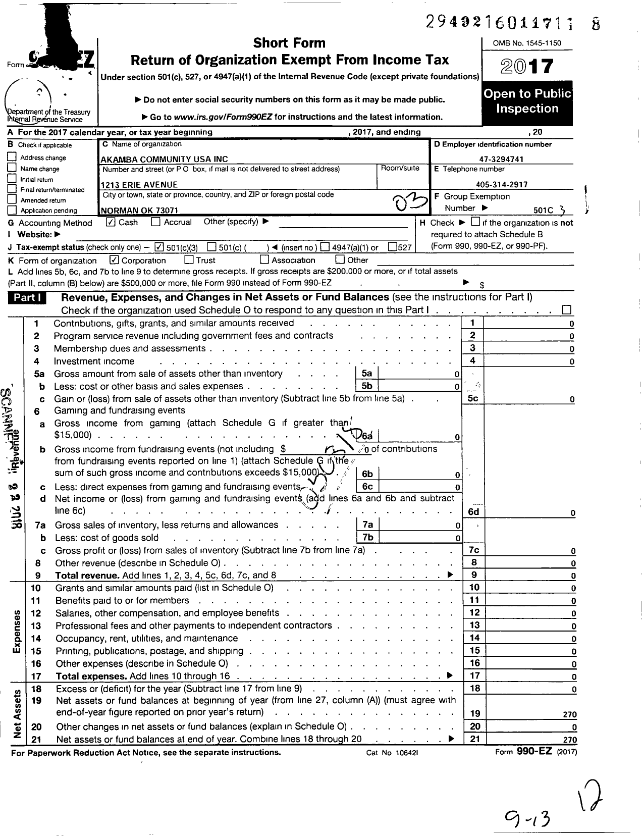 Image of first page of 2017 Form 990EZ for Akamba Community USA