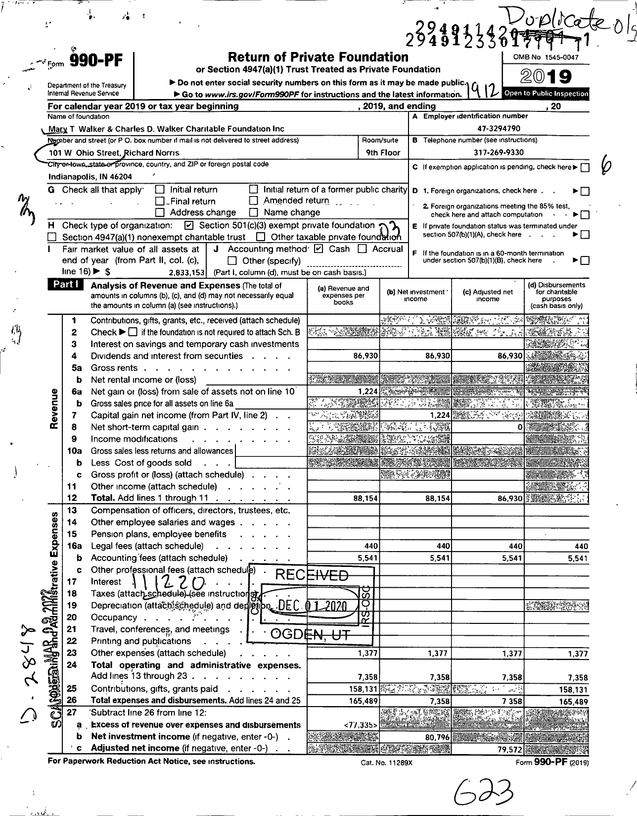 Image of first page of 2019 Form 990PF for Mary T Walker and Charles D Walker Charitable Foundation