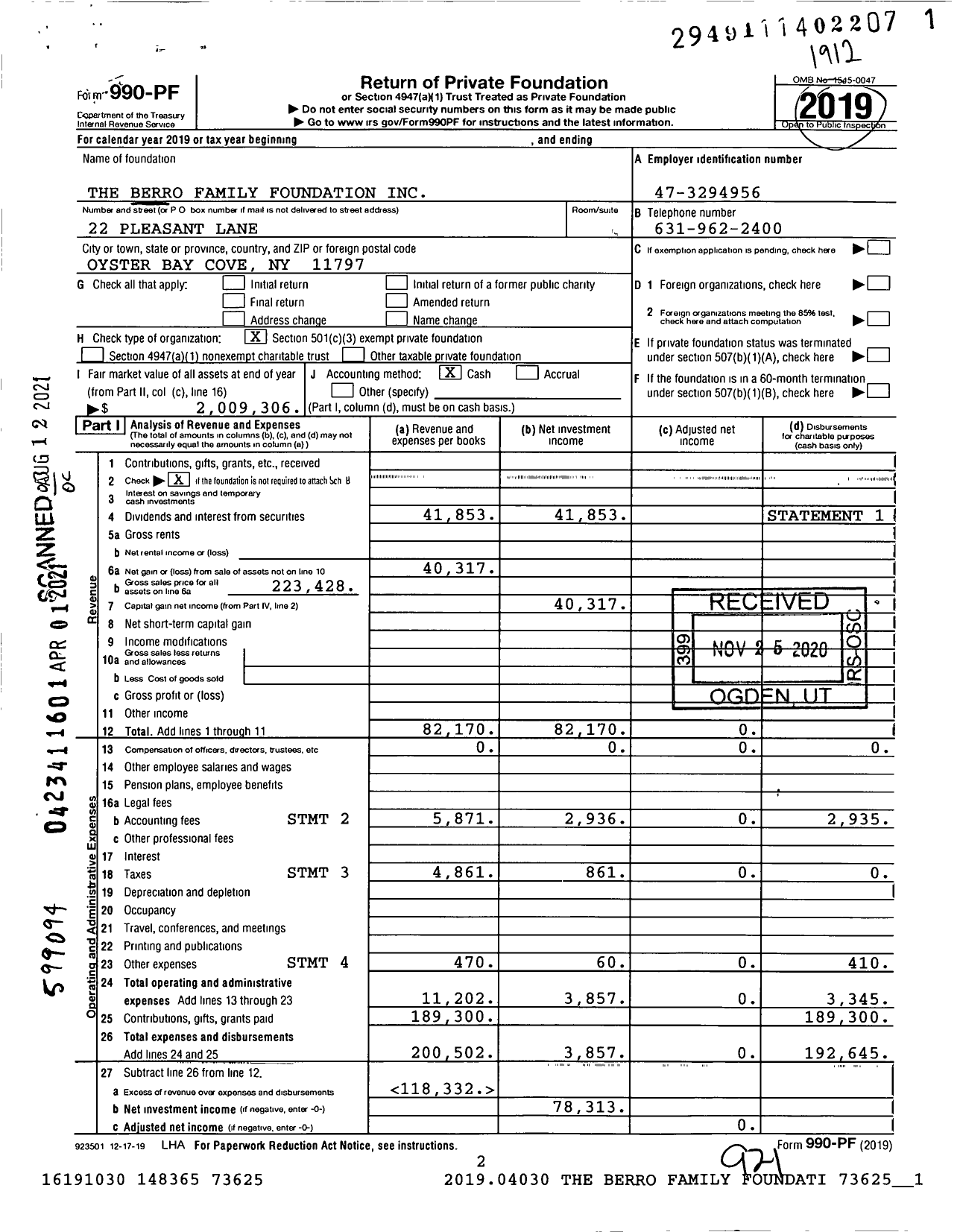 Image of first page of 2019 Form 990PF for The Berro Family Foundation