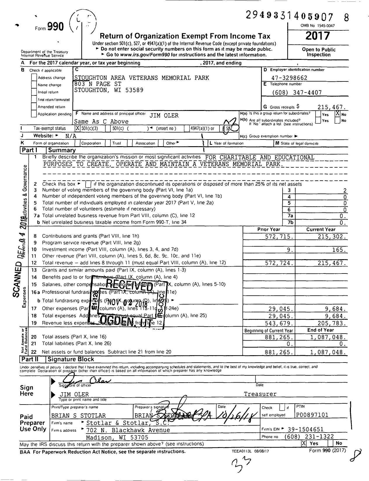 Image of first page of 2017 Form 990 for Stoughton Area Veterans Memorial Park LLC