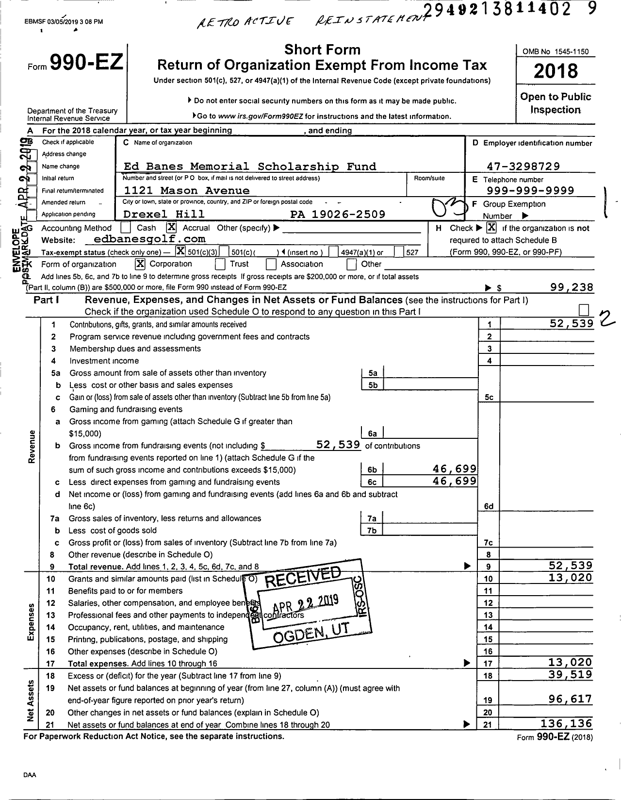 Image of first page of 2018 Form 990EZ for Ed Banes Memorial Scholarship Fund