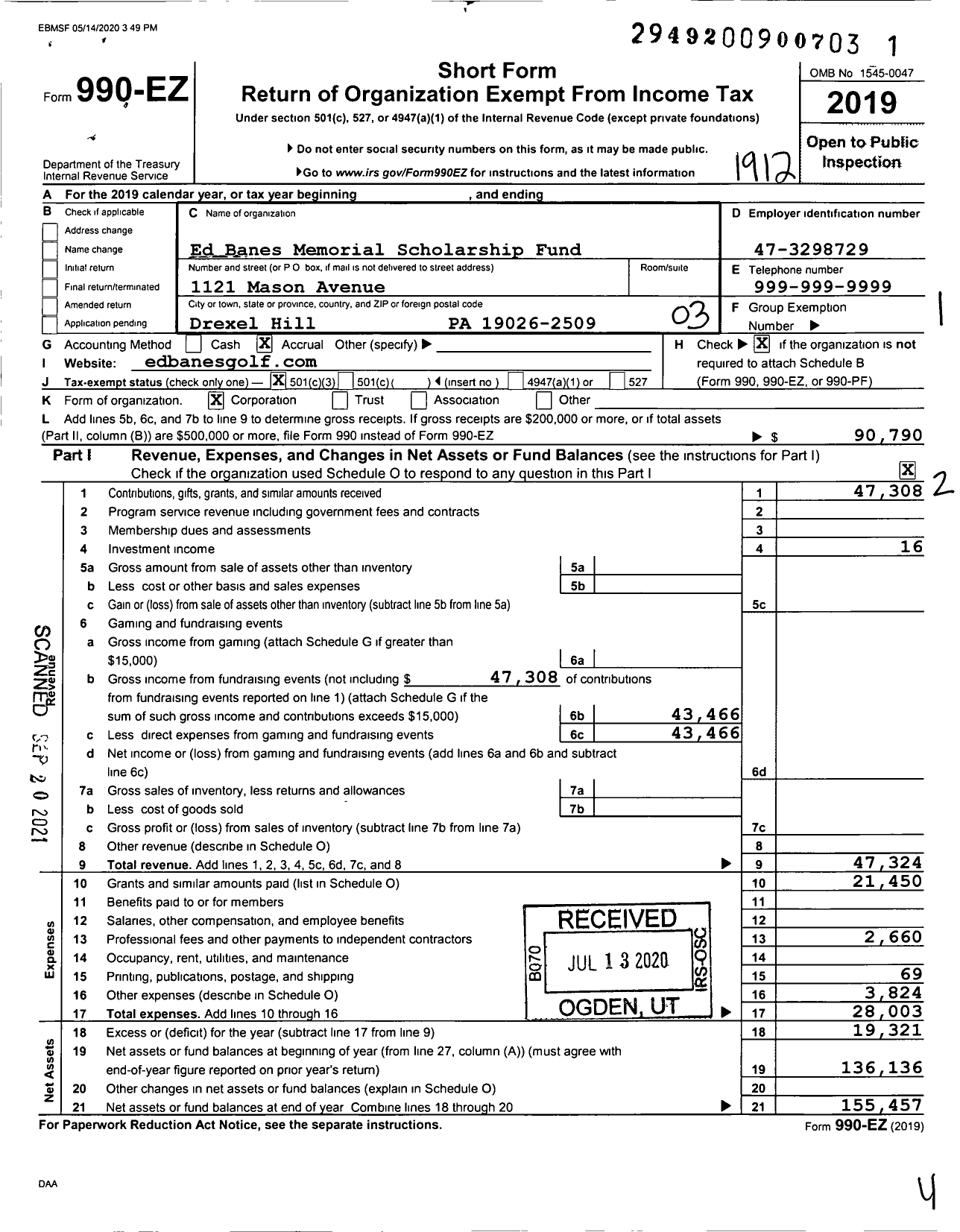 Image of first page of 2019 Form 990EZ for Ed Banes Memorial Scholarship Fund