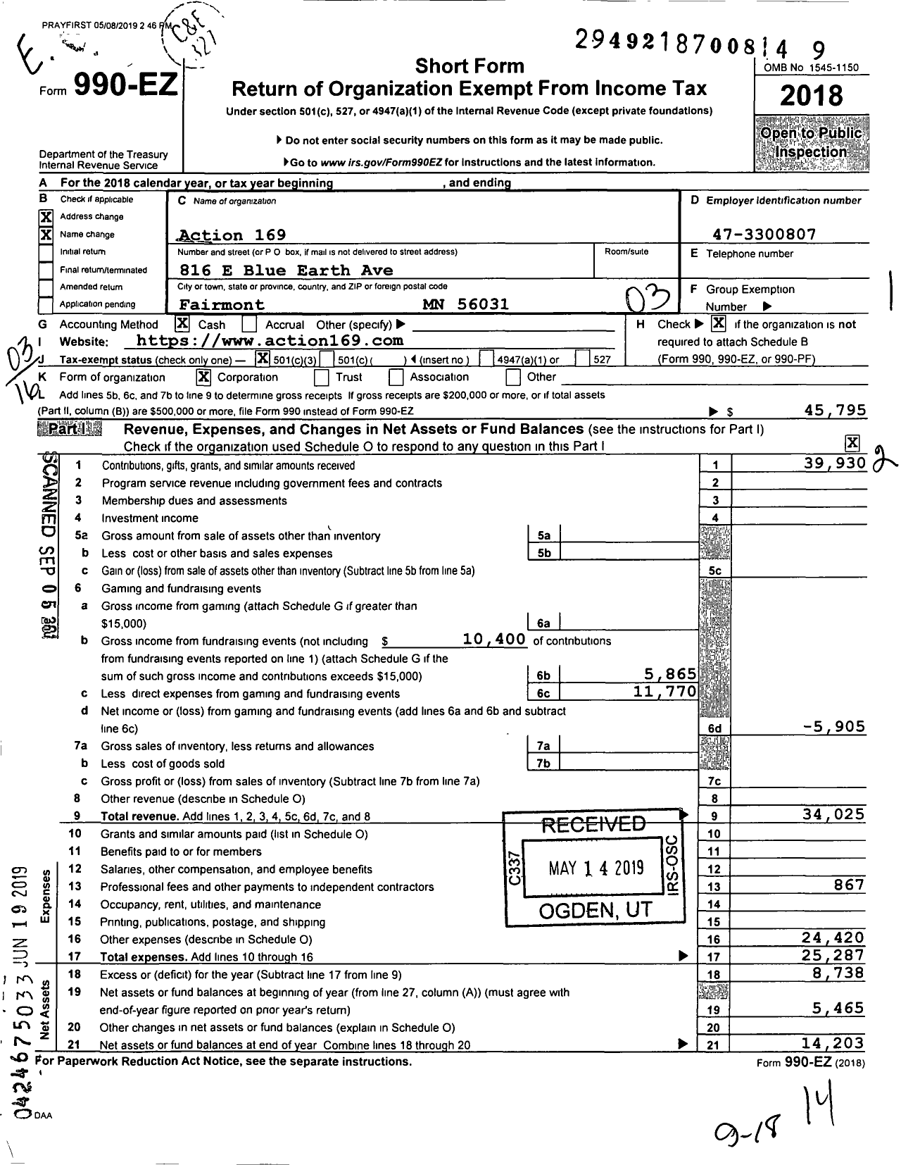 Image of first page of 2018 Form 990EZ for Action 169