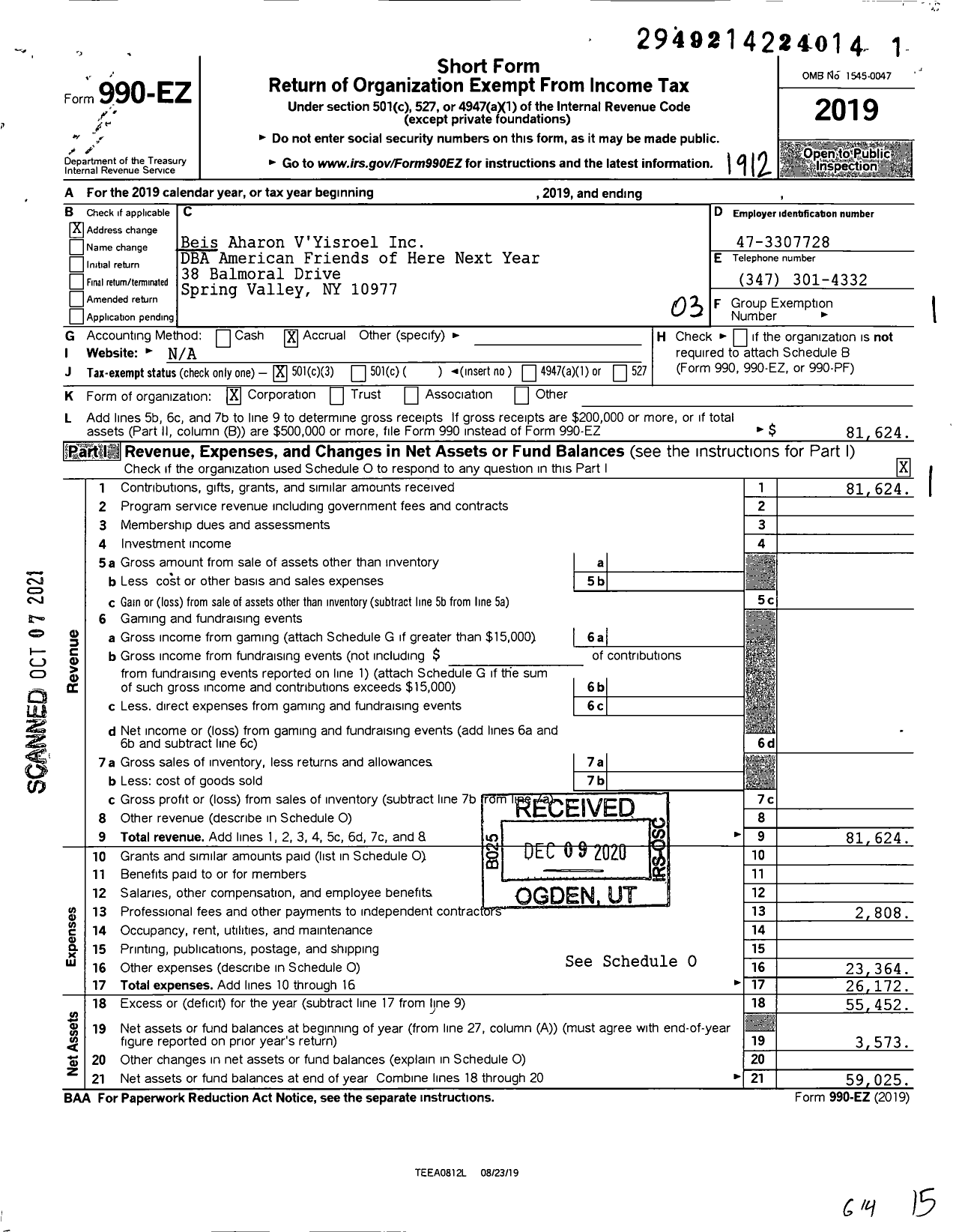 Image of first page of 2019 Form 990EZ for American Friends of Here Next Year