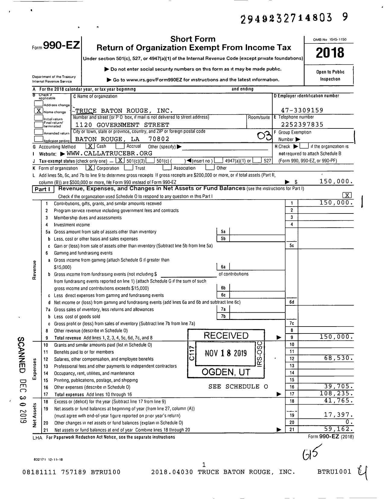 Image of first page of 2018 Form 990EZ for Truce Baton Rouge