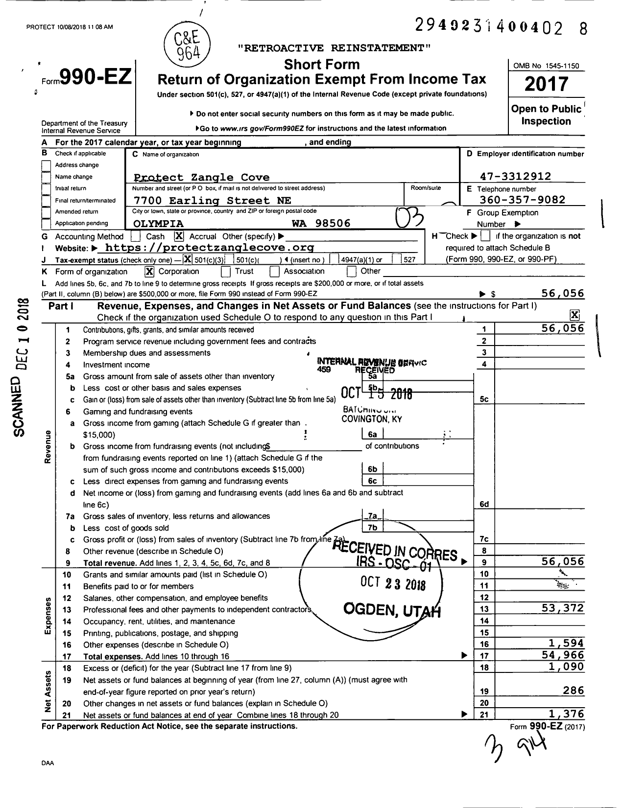 Image of first page of 2017 Form 990EZ for Protect Zangle Cove