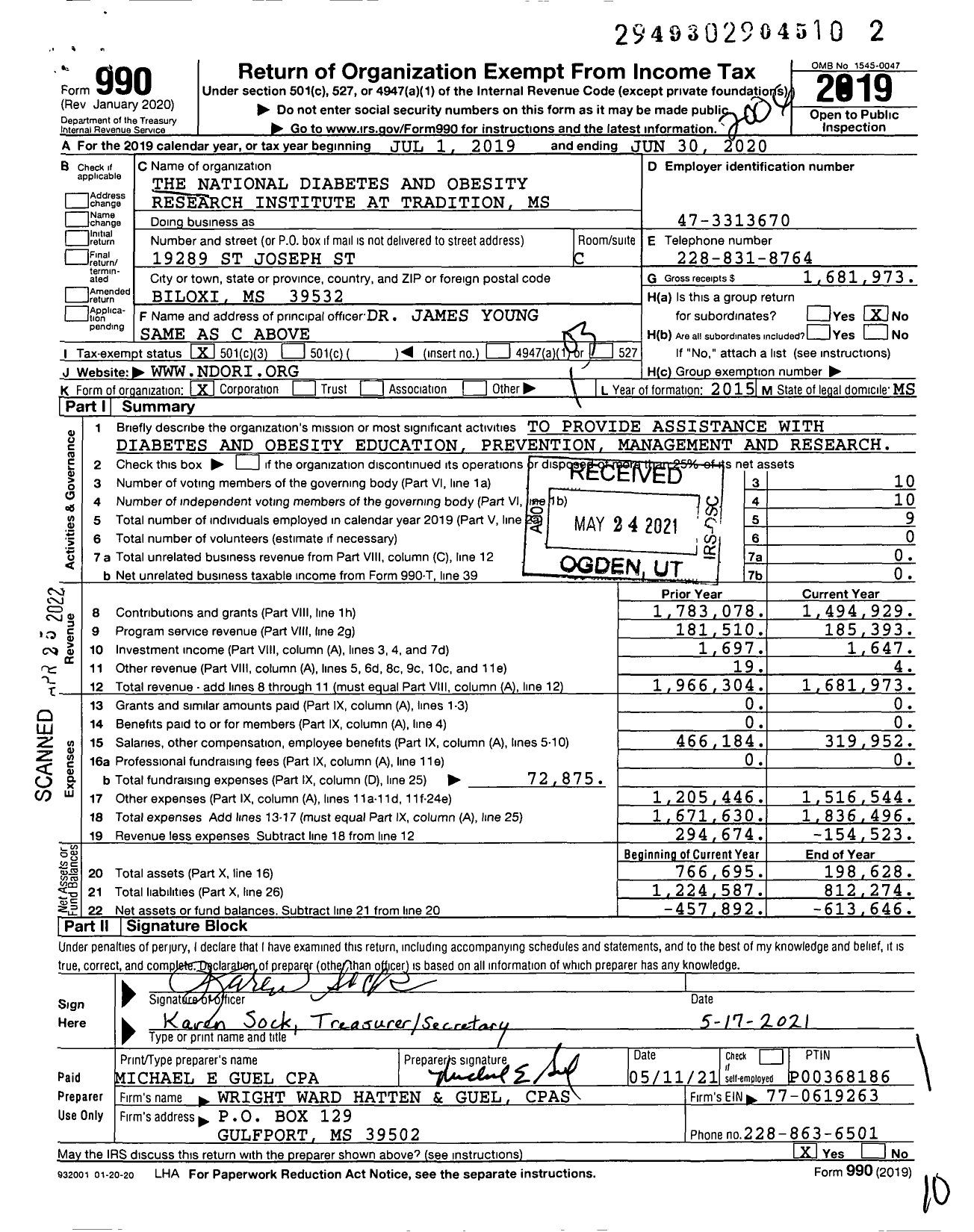 Image of first page of 2019 Form 990 for The National Diabetes and Obesity Research Institute at Tradition MS