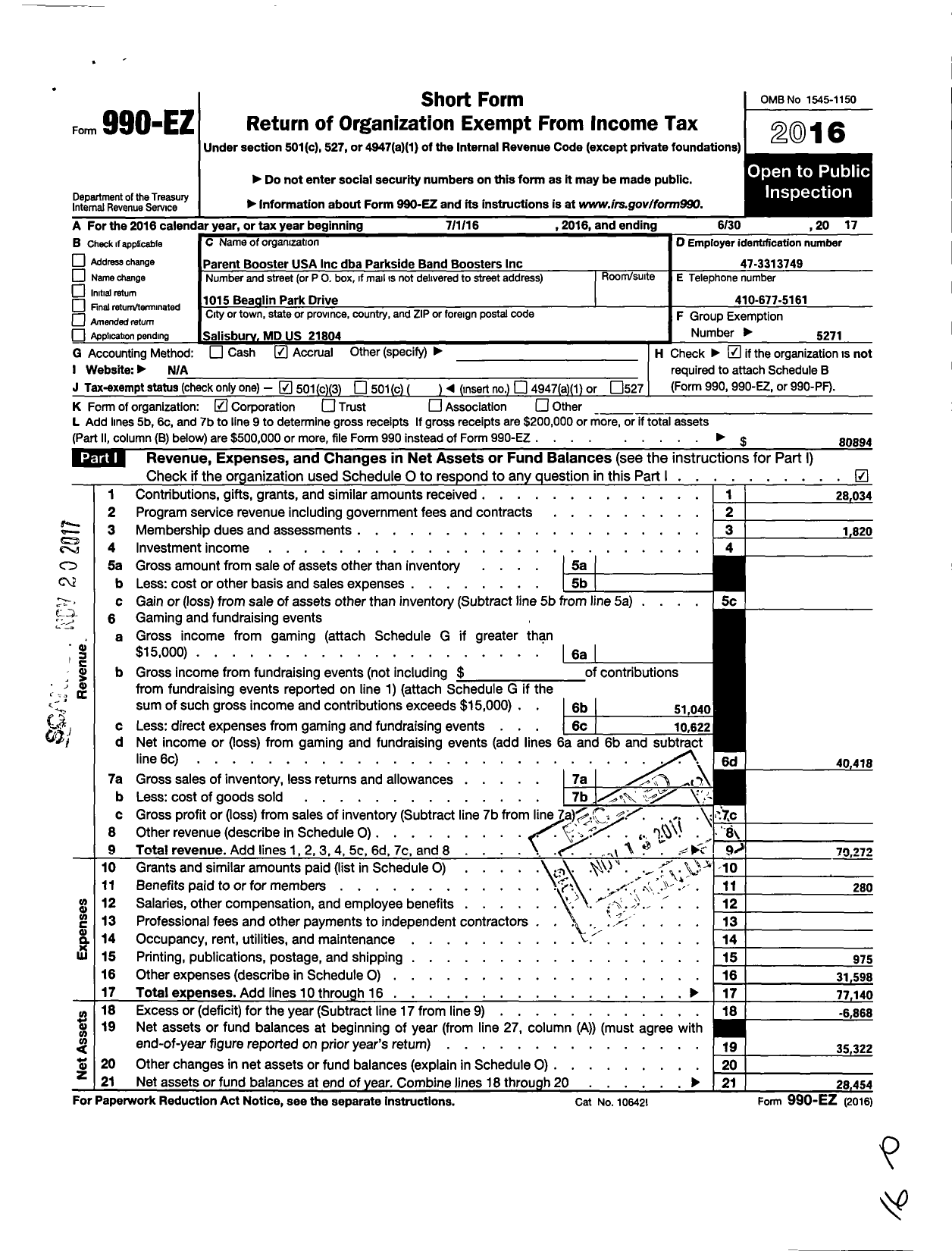 Image of first page of 2016 Form 990EZ for Parent Booster USA / Parkside High School Band Boosters