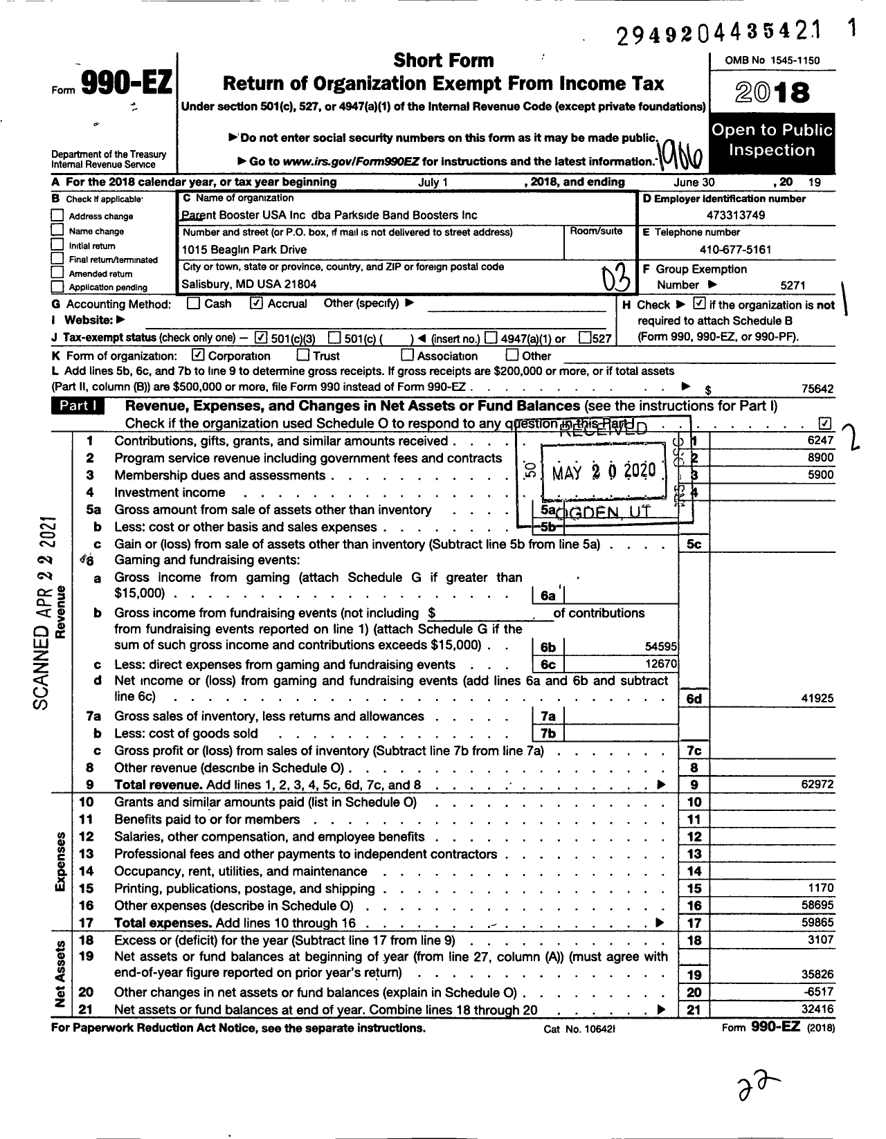 Image of first page of 2018 Form 990EZ for Parent Booster USA / Parkside High School Band Boosters