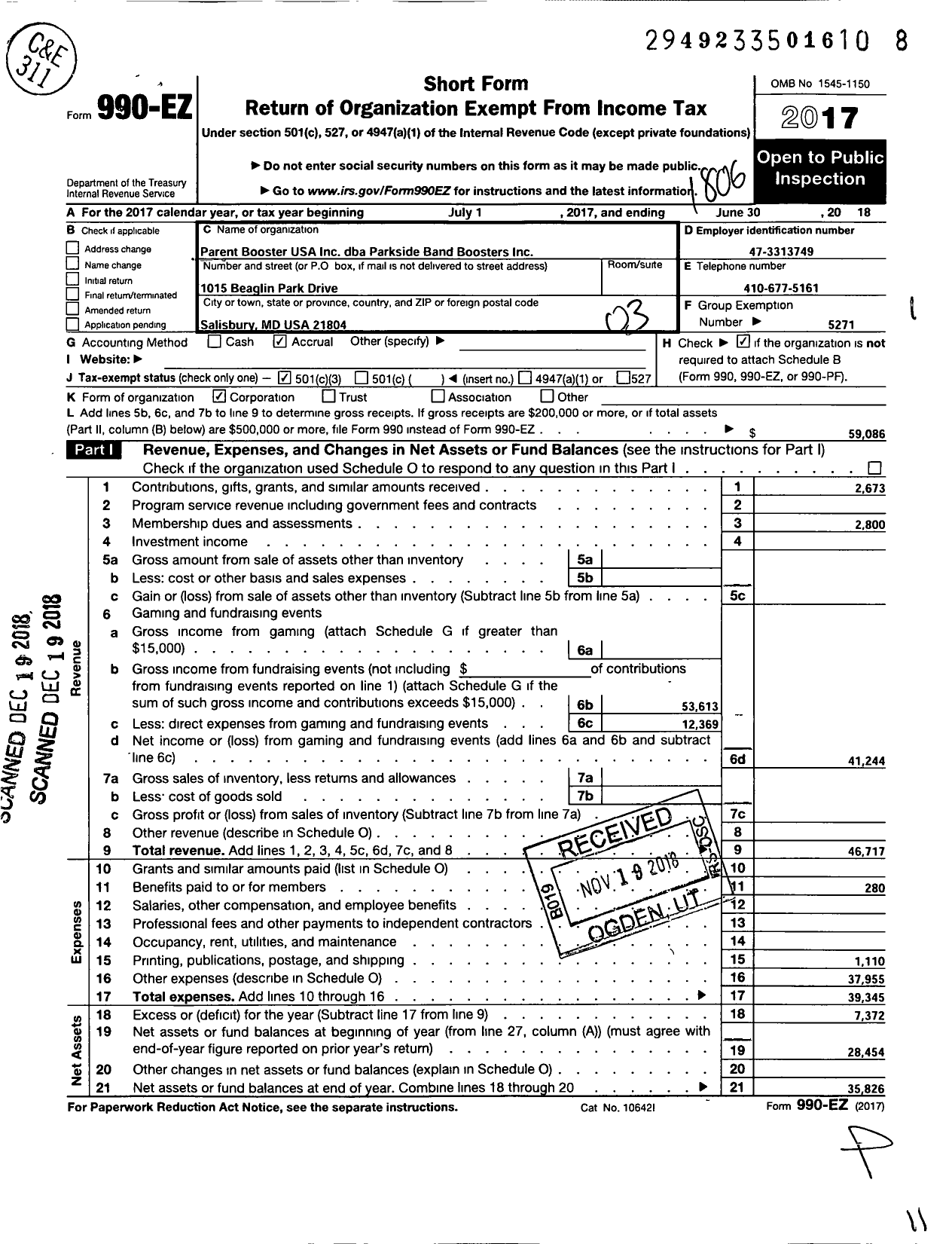 Image of first page of 2017 Form 990EZ for Parent Booster USA / Parkside High School Band Boosters