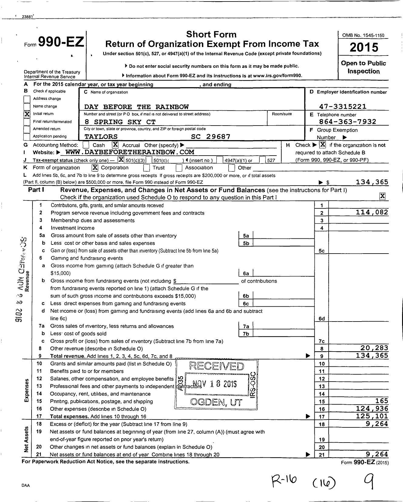 Image of first page of 2015 Form 990EZ for Day Before the Rainbow