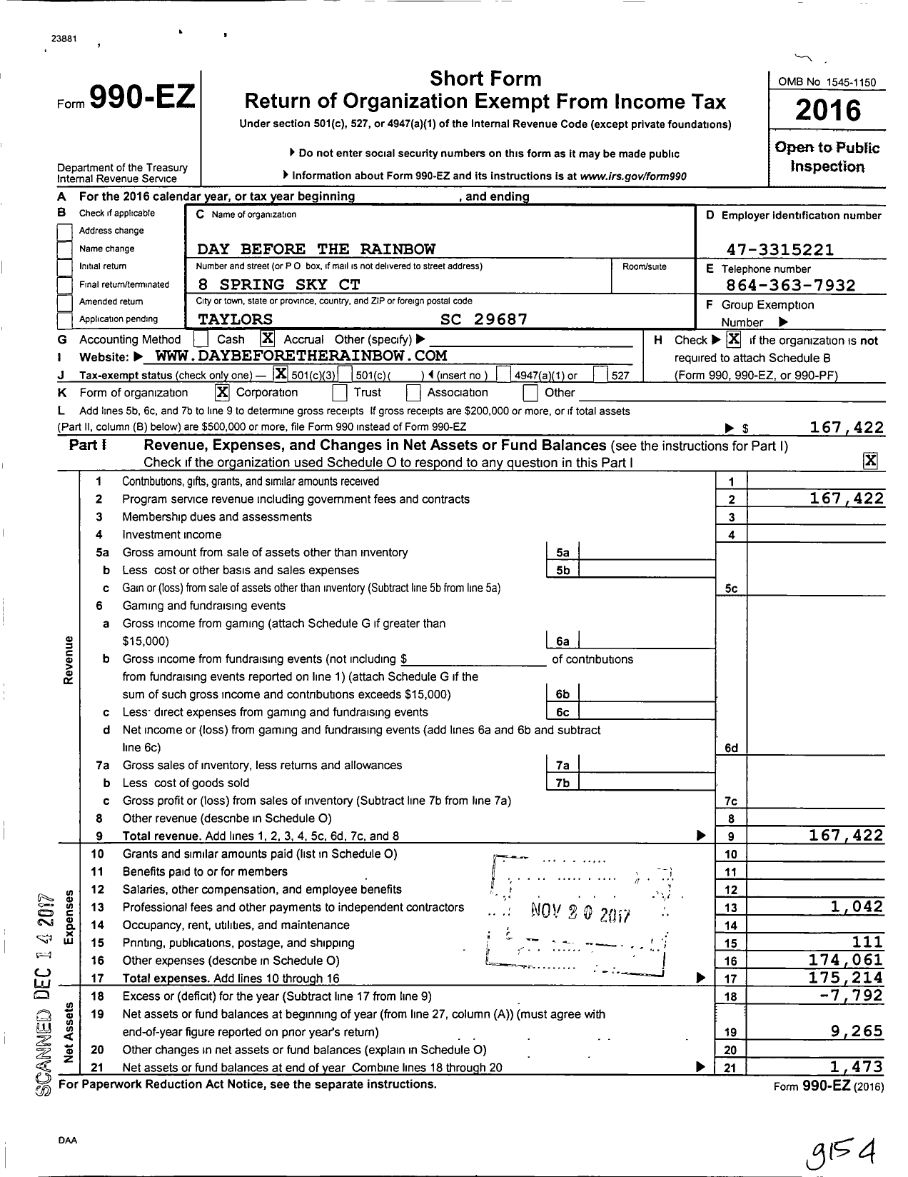Image of first page of 2016 Form 990EZ for Day Before the Rainbow