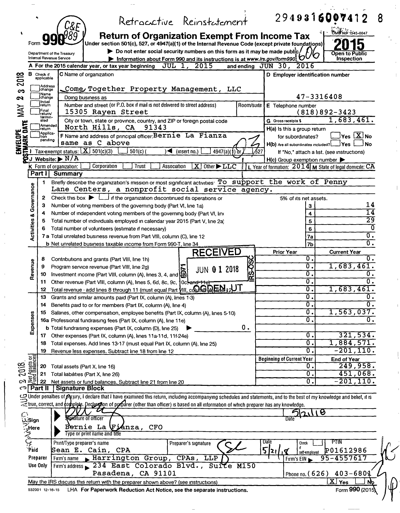 Image of first page of 2015 Form 990 for Come Together Property Management LLC