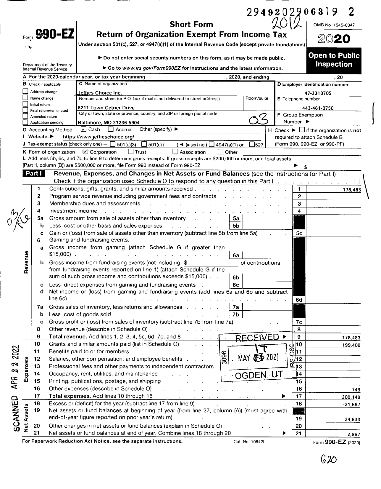 Image of first page of 2020 Form 990EZ for Jeffies Choice