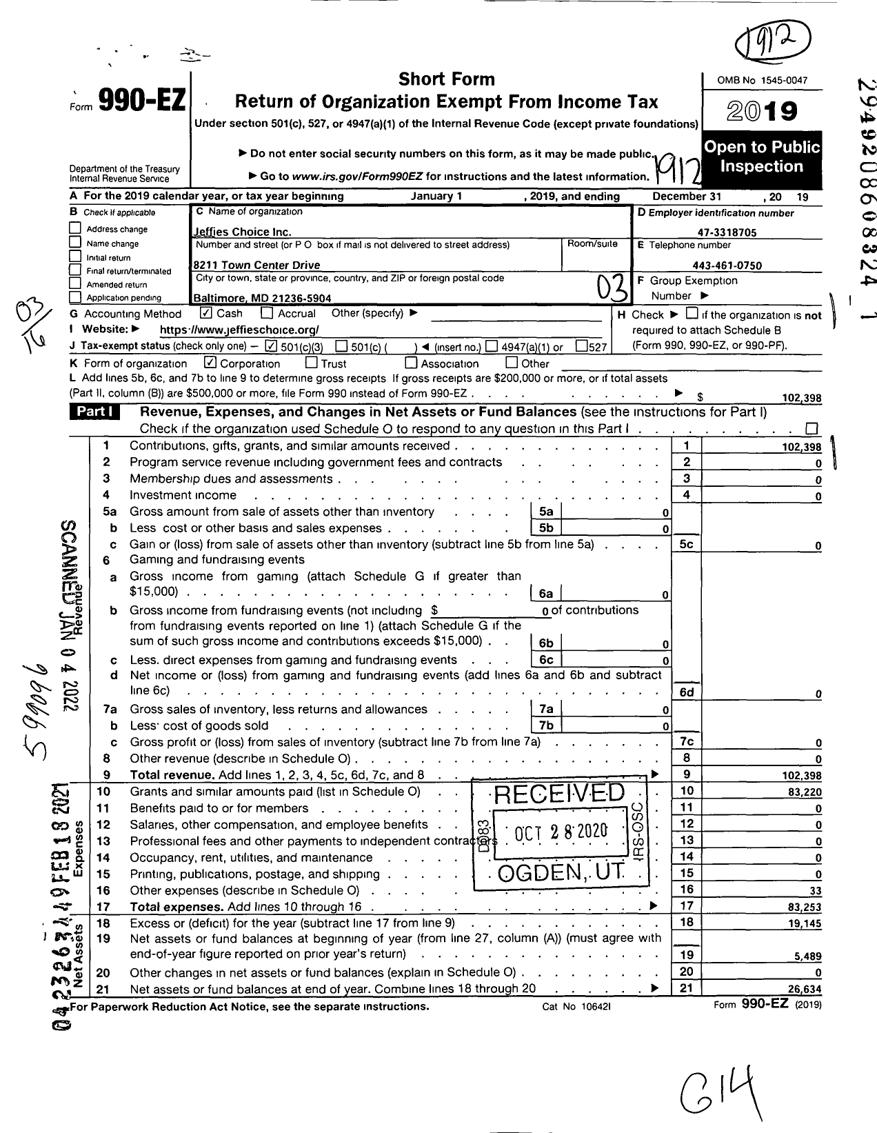 Image of first page of 2019 Form 990EZ for Jeffies Choice