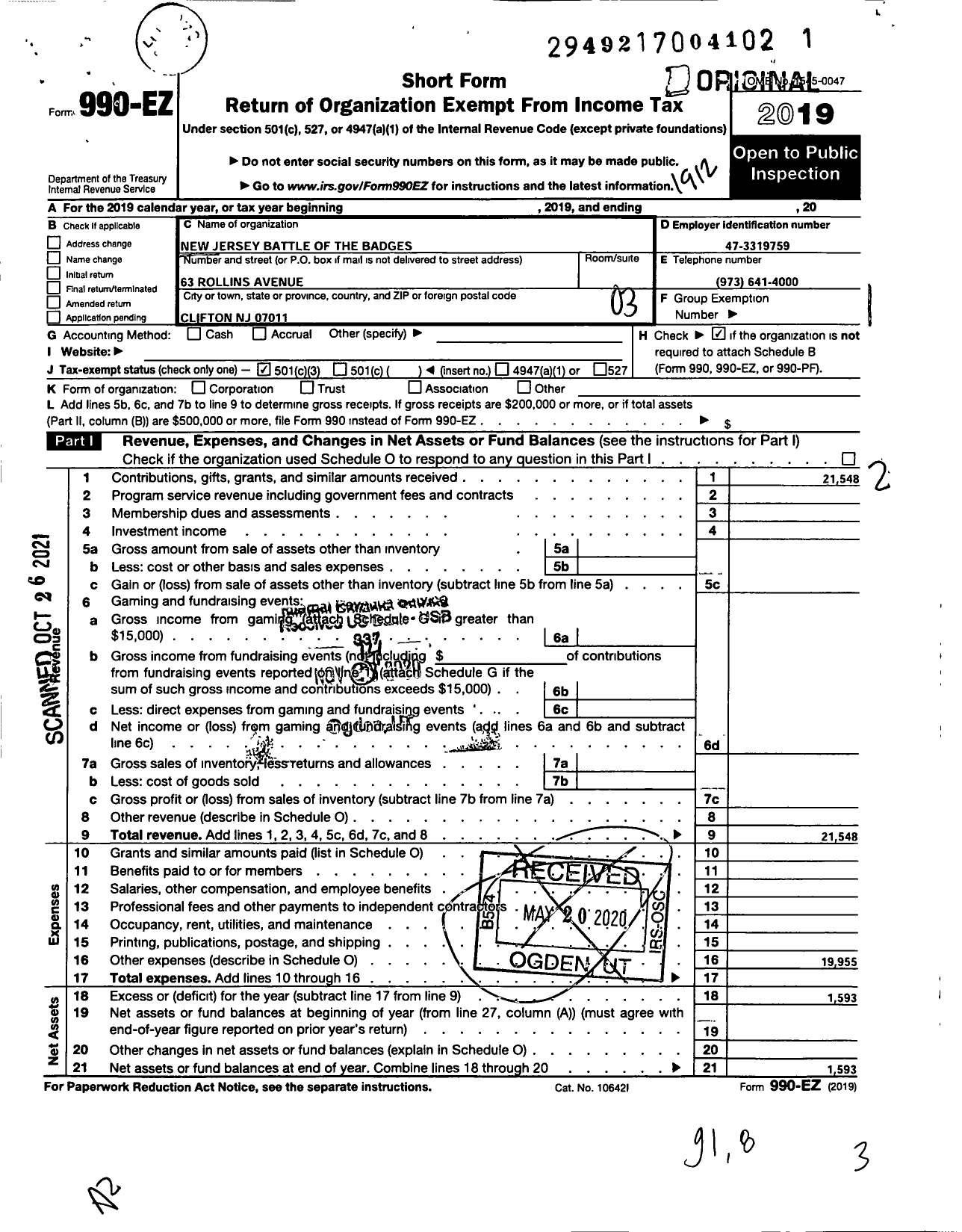 Image of first page of 2019 Form 990EZ for New Jersey Battle of the Badges A NJ Nonprofit Corporation