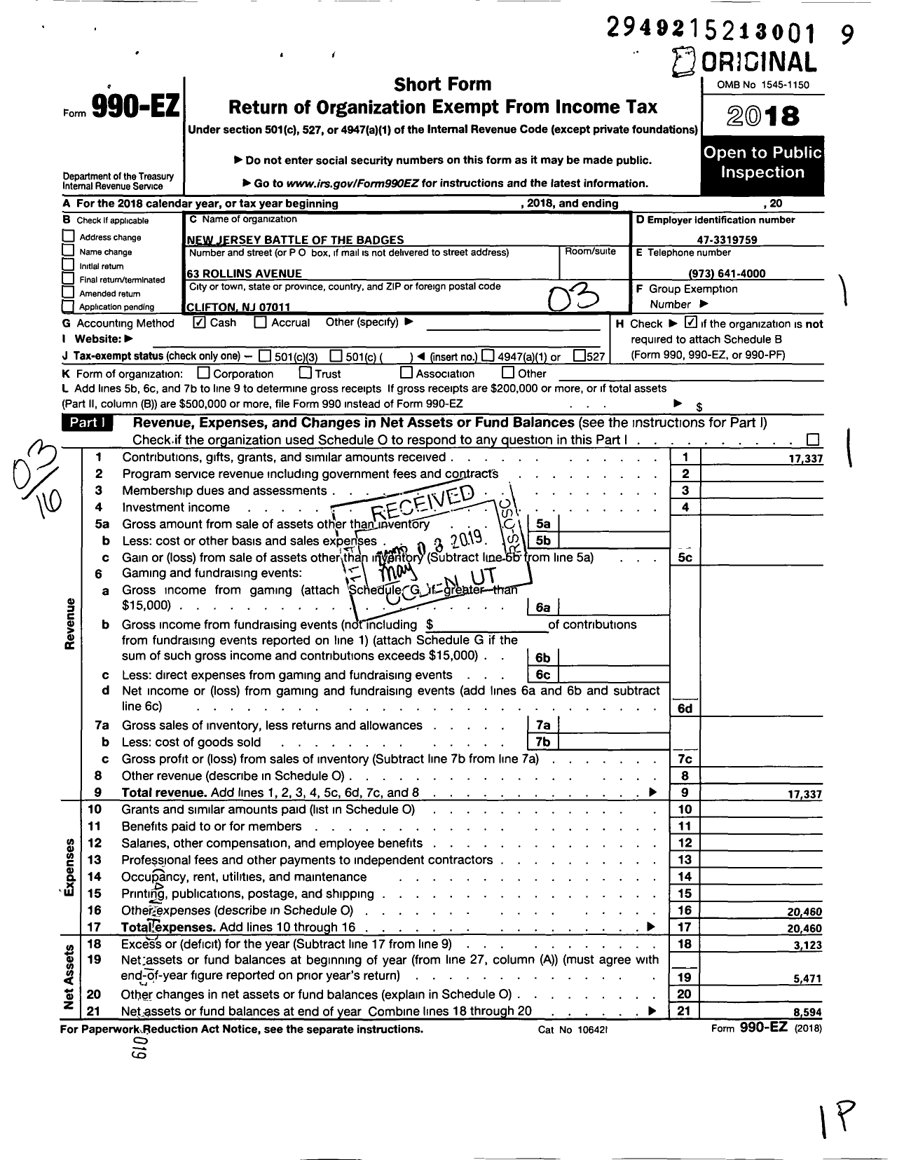 Image of first page of 2018 Form 990EZ for New Jersey Battle of the Badges A NJ Nonprofit Corporation