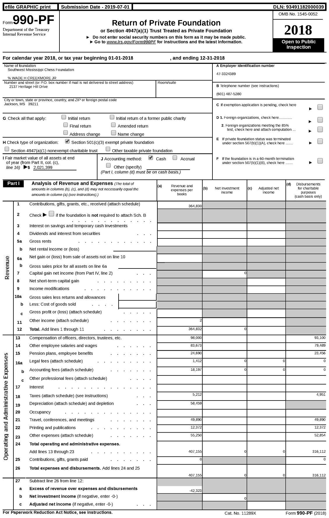 Image of first page of 2018 Form 990PF for Southwest Mississippi Chess Foundation