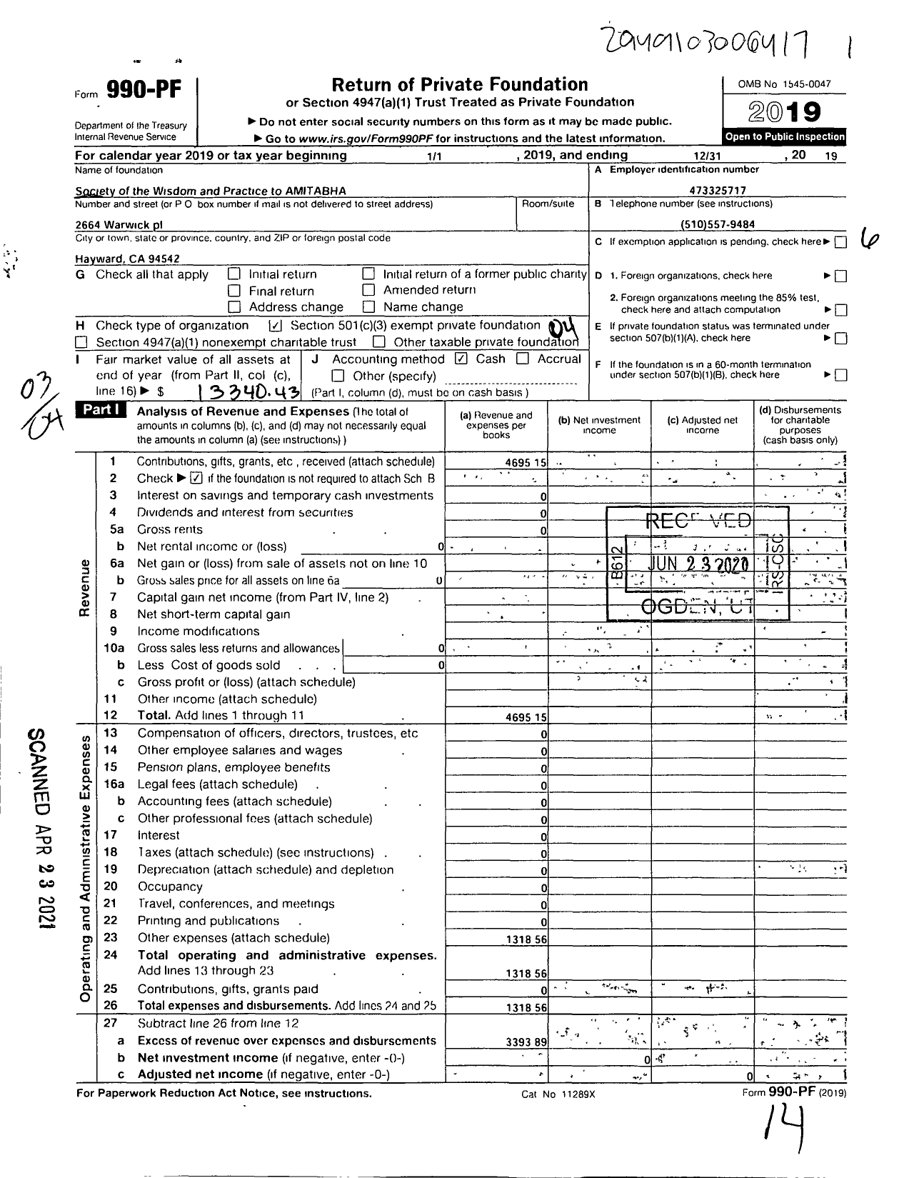 Image of first page of 2019 Form 990PF for Society of the Wisdom and Practice To Amitabha