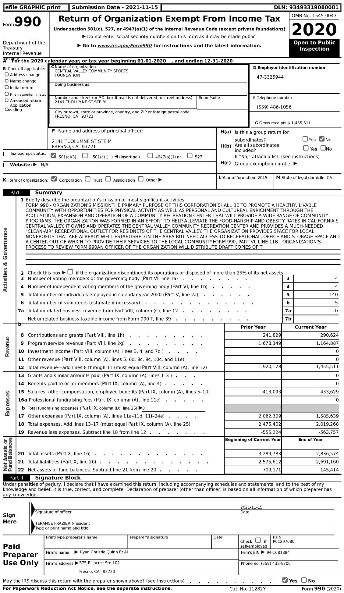 Image of first page of 2020 Form 990 for Central Valley Community Sports Foundation