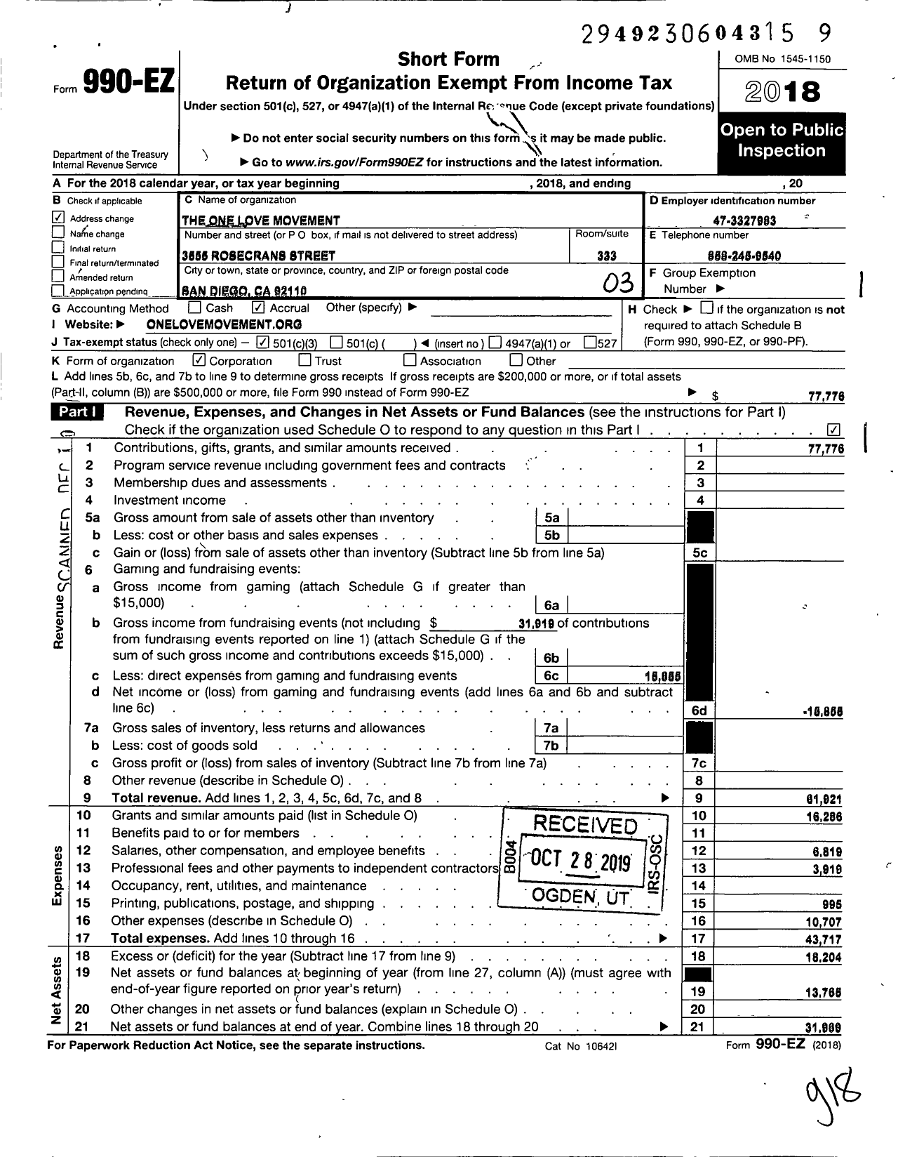 Image of first page of 2018 Form 990EZ for One Love Movement