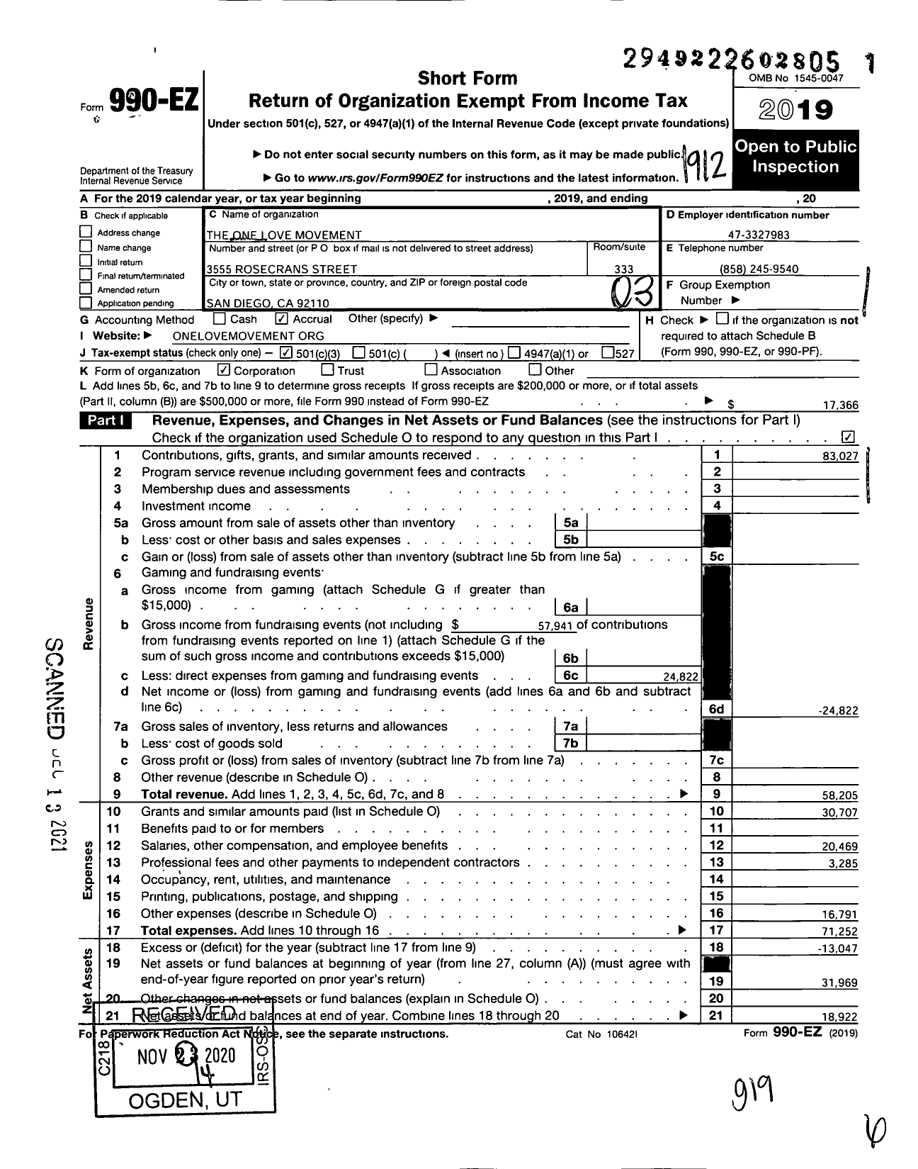 Image of first page of 2019 Form 990EZ for One Love Movement