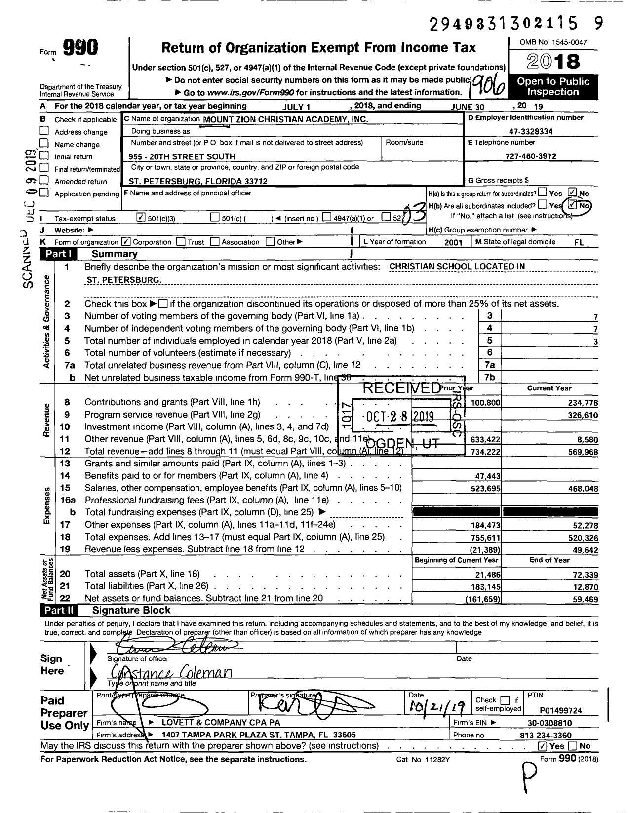 Image of first page of 2018 Form 990 for Mount Zion Christian Academy