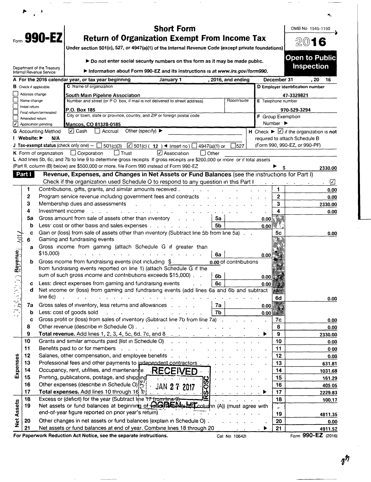 Image of first page of 2016 Form 990EO for South Main Pipeline Association