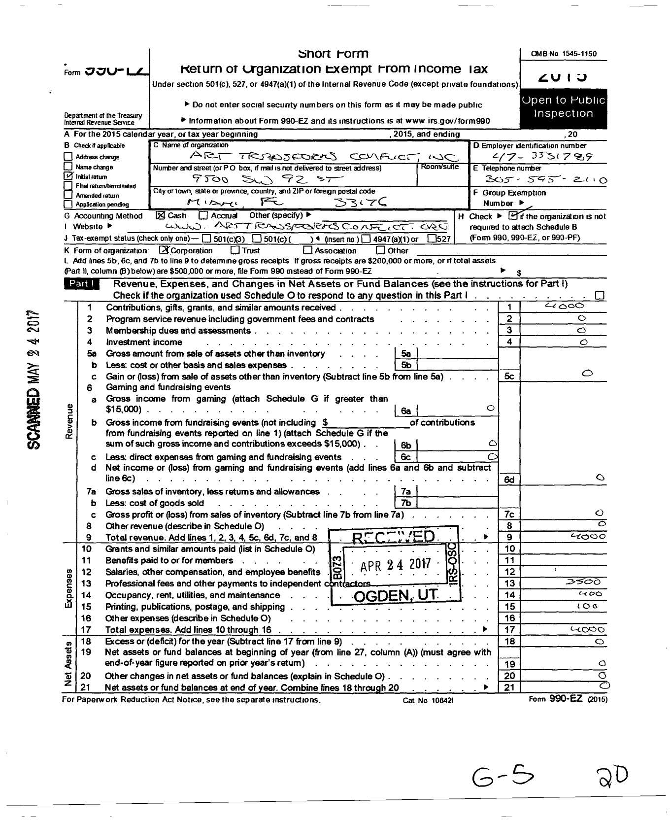 Image of first page of 2015 Form 990EO for Art Transforms Conflict Incorporated