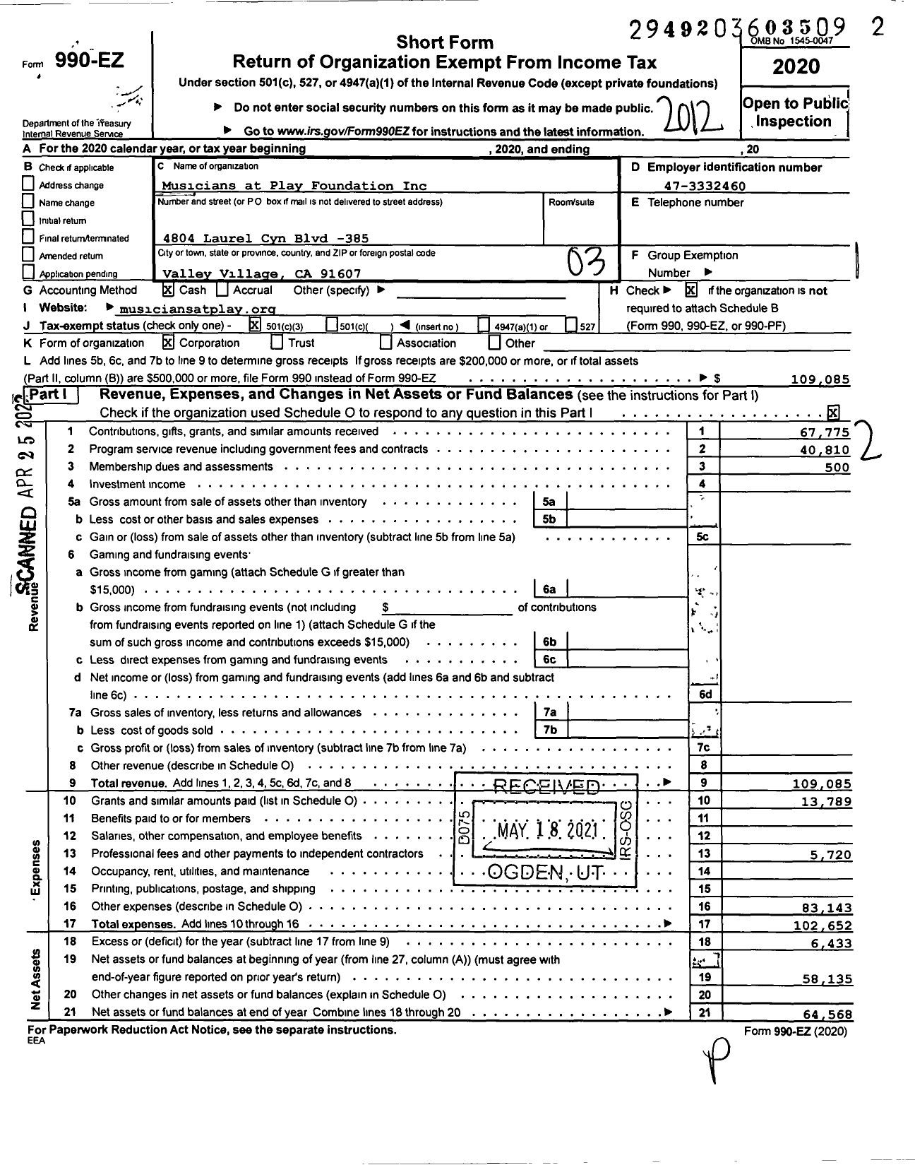 Image of first page of 2020 Form 990EZ for Musicians at Play Foundation