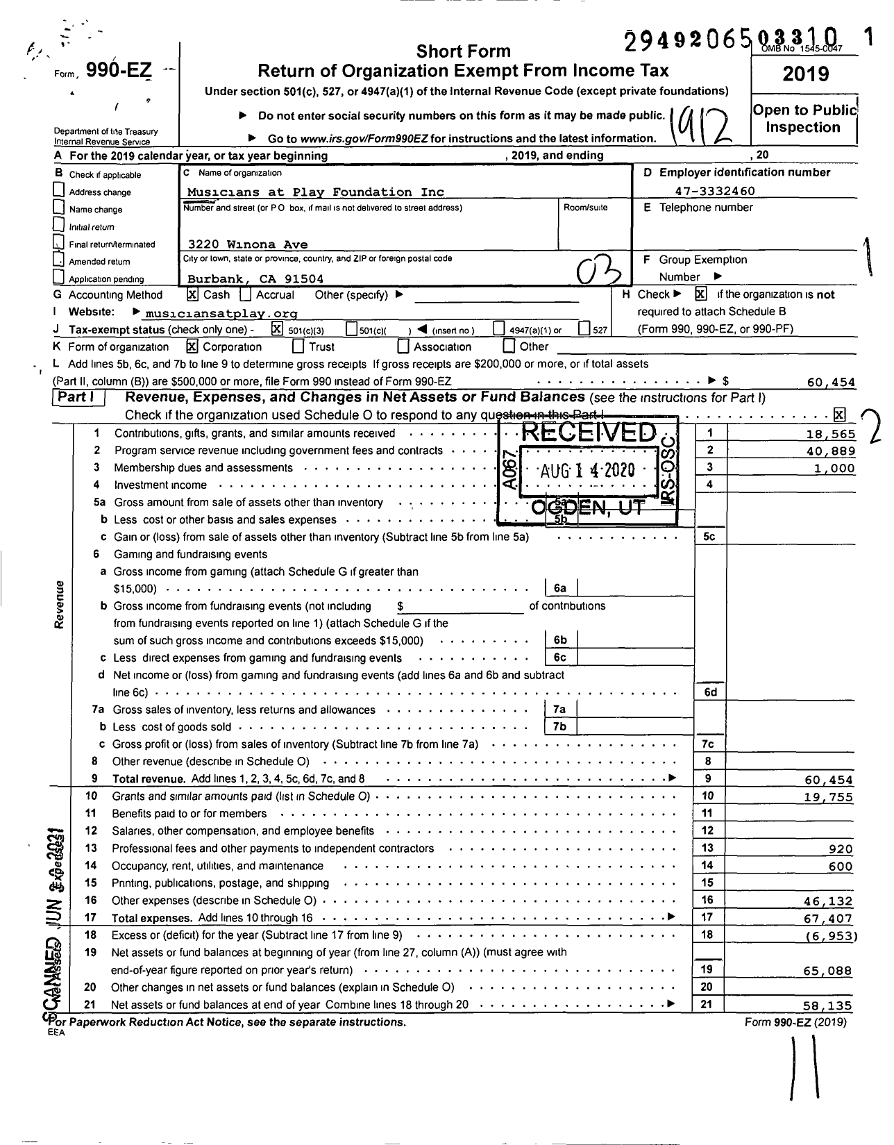 Image of first page of 2019 Form 990EZ for Musicians at Play Foundation