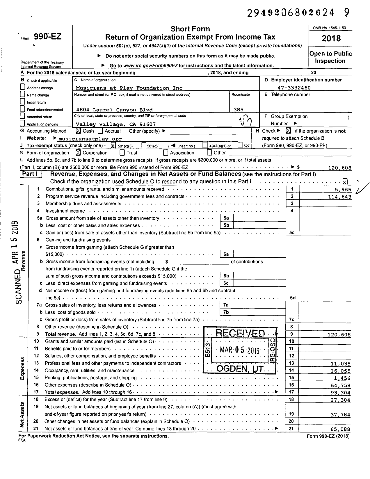 Image of first page of 2018 Form 990EZ for Musicians at Play Foundation