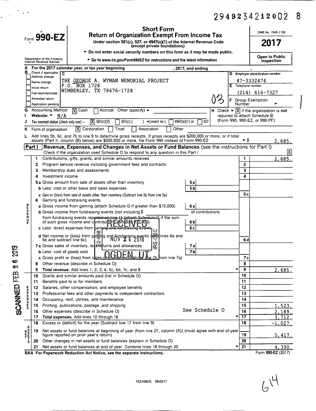 Image of first page of 2017 Form 990EZ for George A Wyman Memorial Project