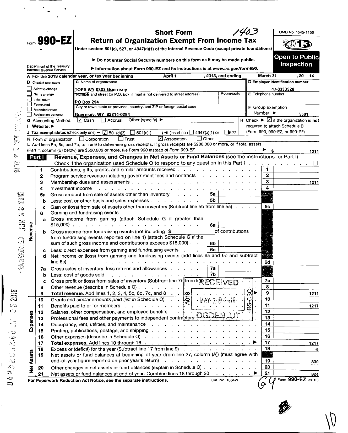 Image of first page of 2013 Form 990EZ for Tops Club - 0303 Guernsey Tops Wy