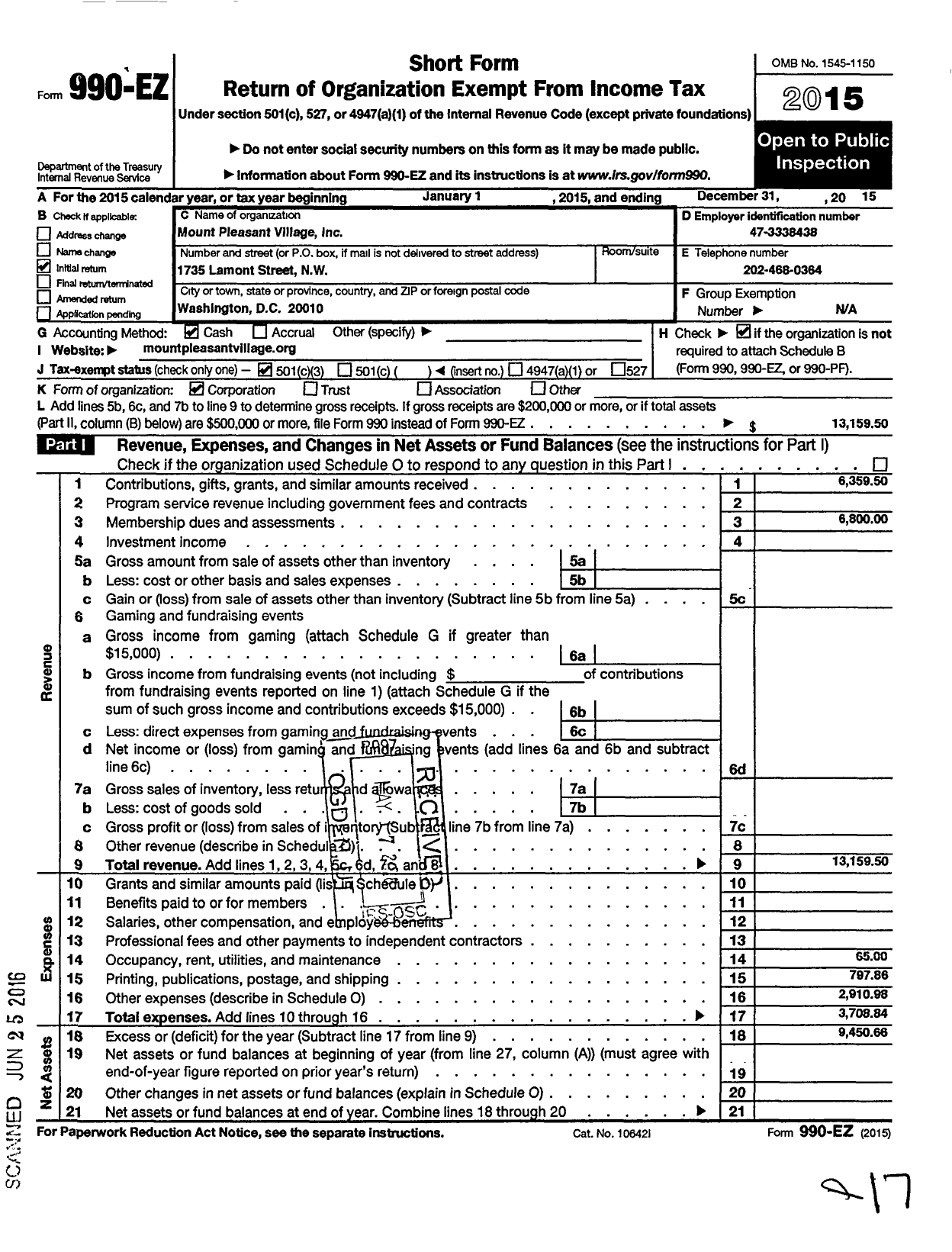 Image of first page of 2015 Form 990EZ for Mount Pleasant Village