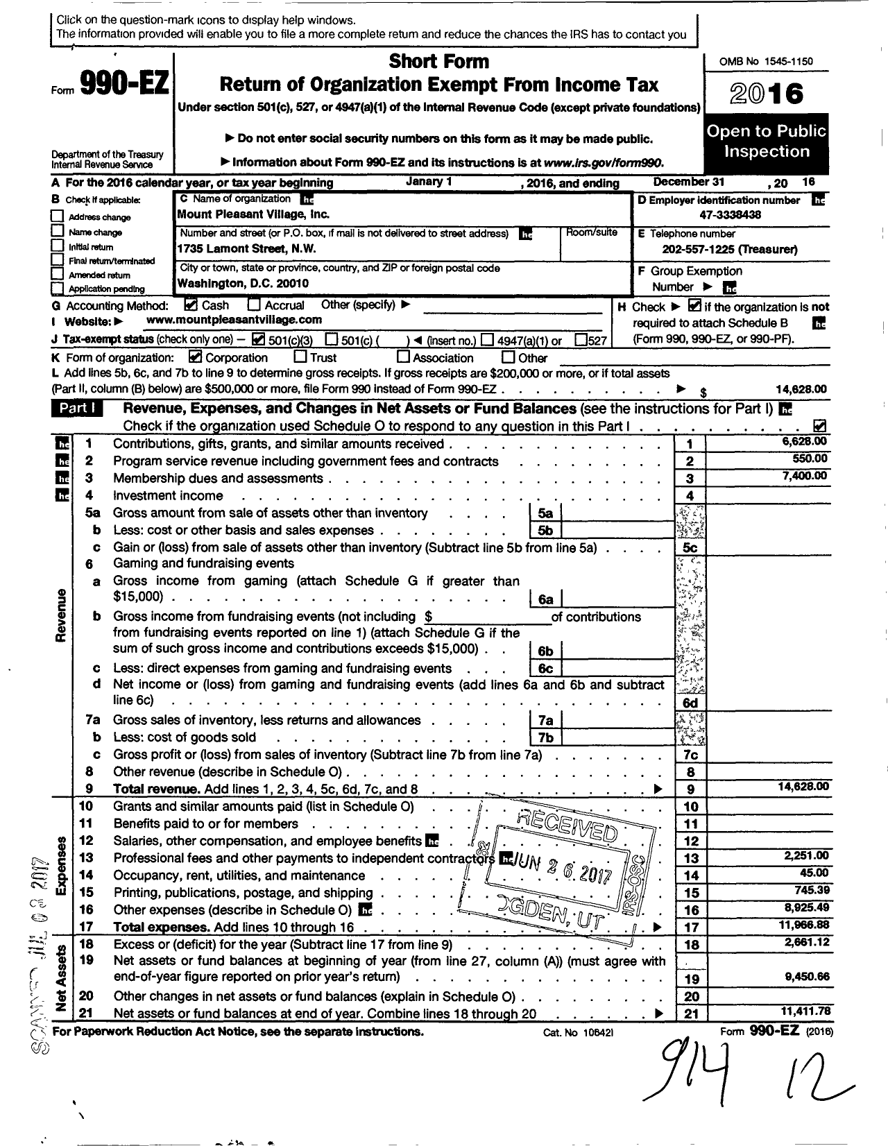 Image of first page of 2016 Form 990EZ for Mount Pleasant Village