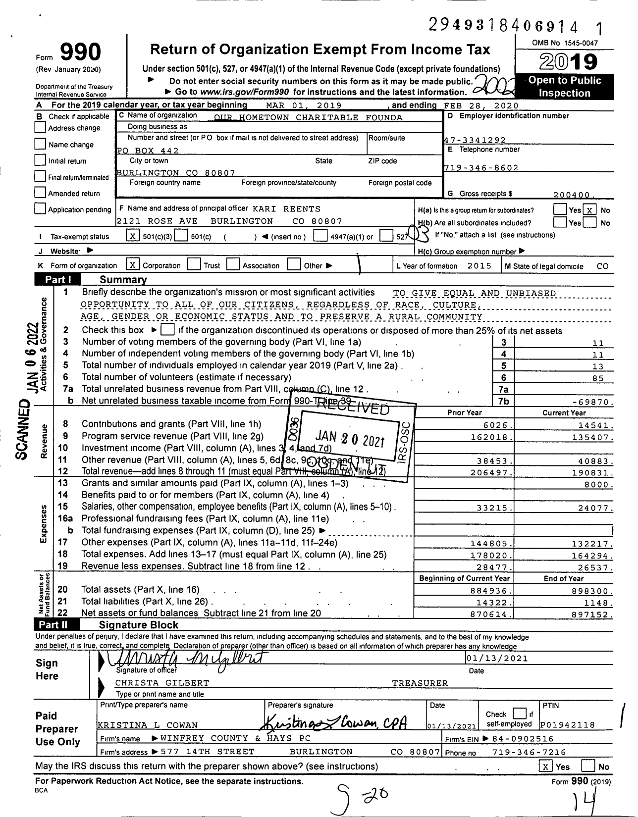 Image of first page of 2019 Form 990 for Our Hometown Charitable Foundation