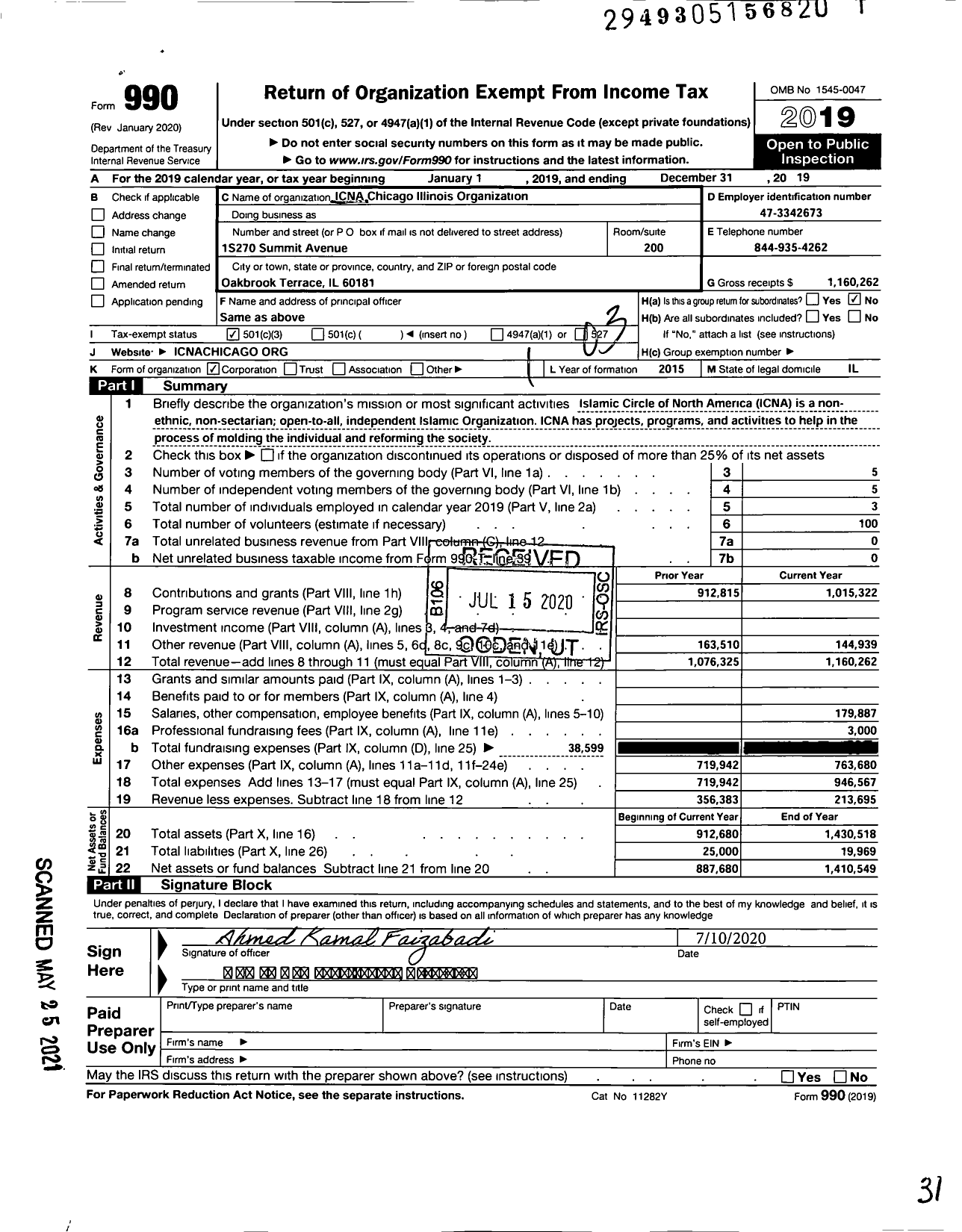 Image of first page of 2019 Form 990 for ICNA Chicago Illinois Organization