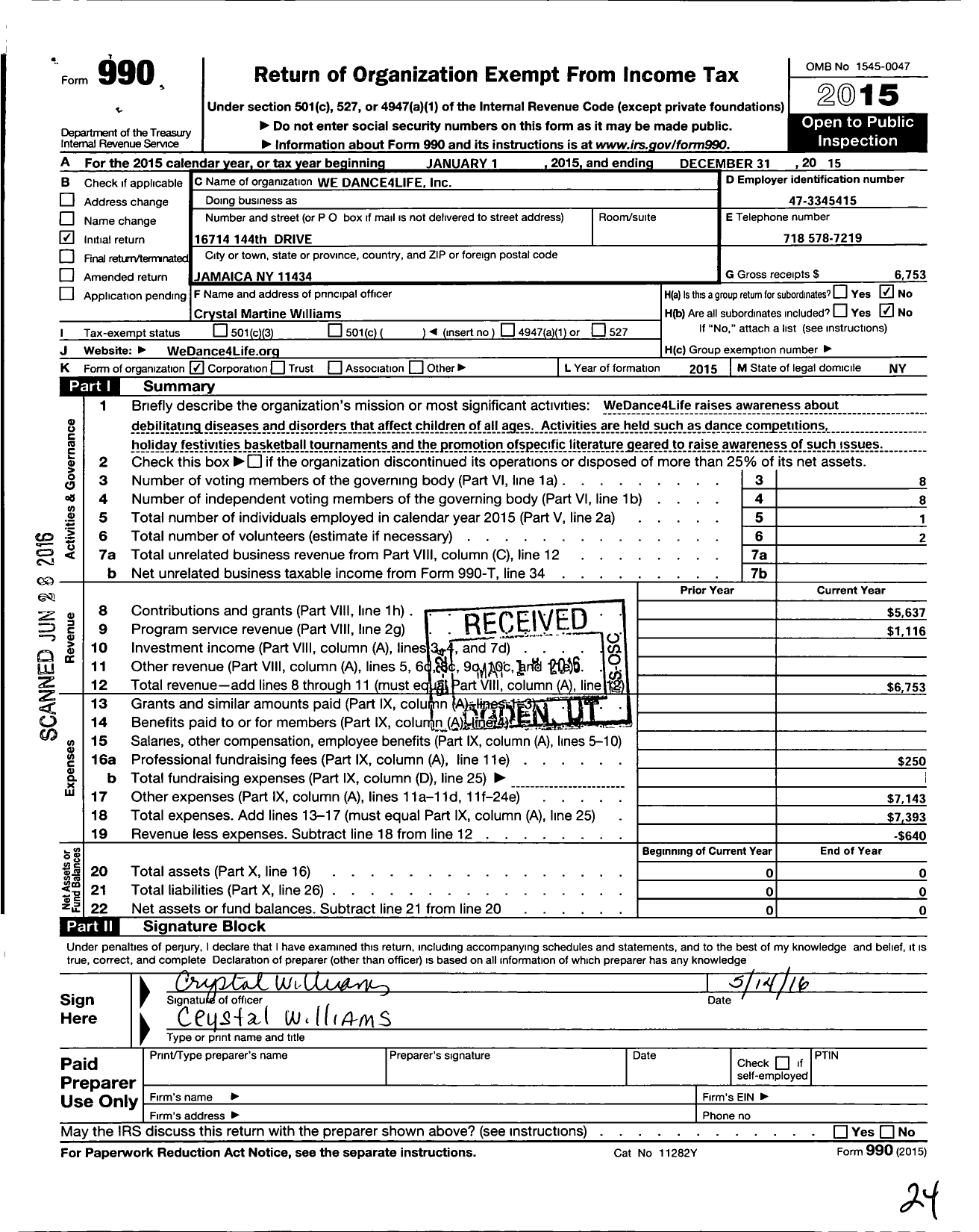 Image of first page of 2015 Form 990O for Wedance4life