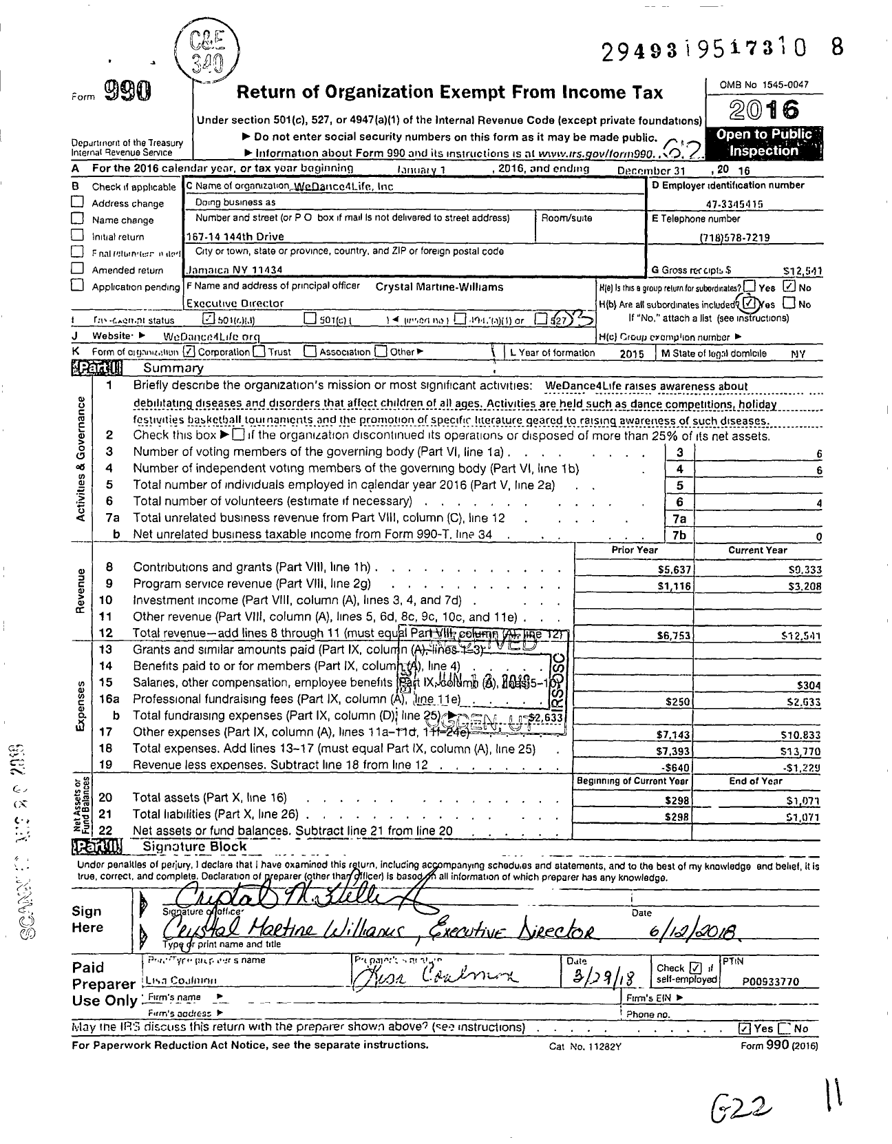 Image of first page of 2016 Form 990 for Wedance4life